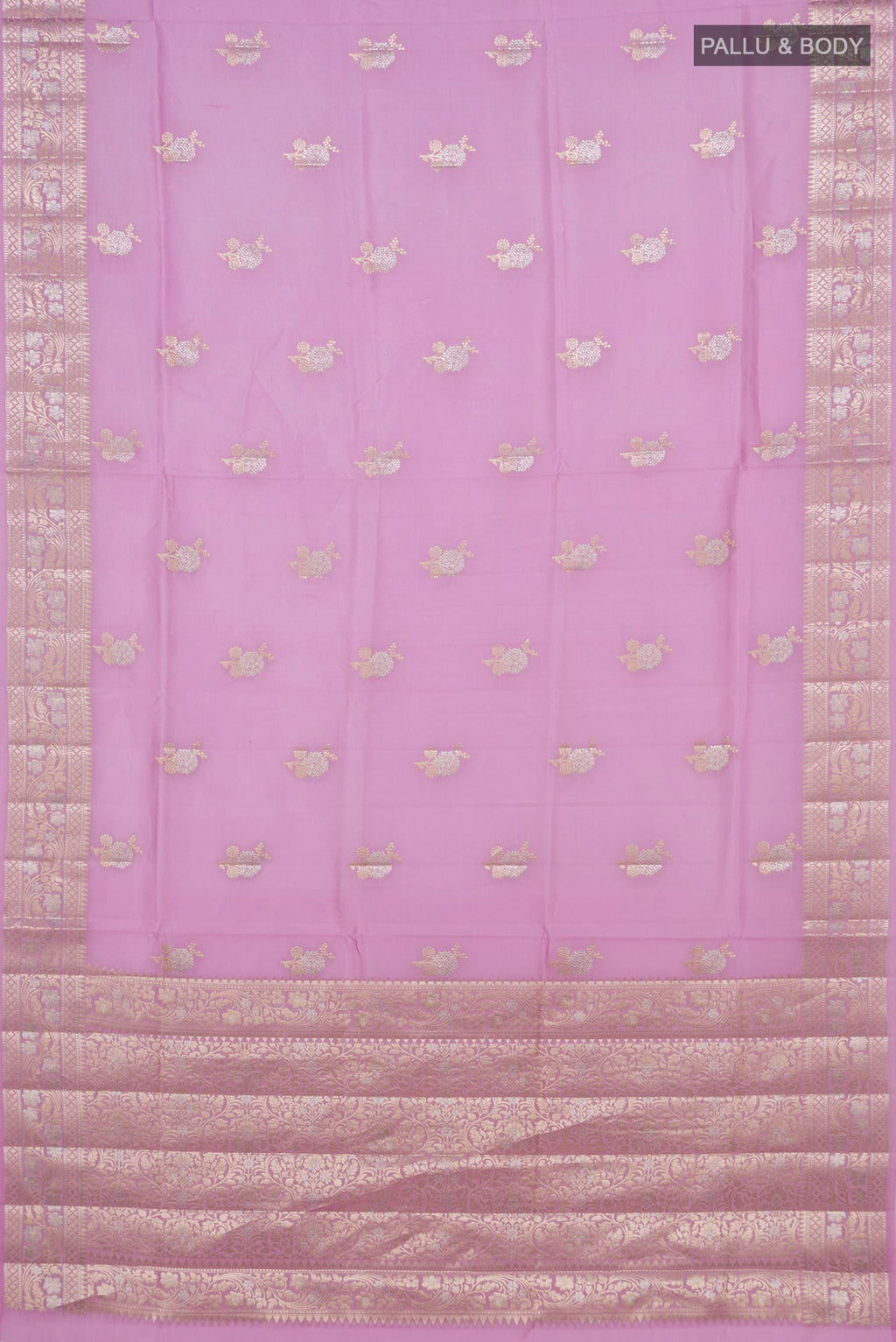 Flat view of Pure Silk Pink Banarasi Raw Saree with Zari Butta on the body and Fancy Border. 