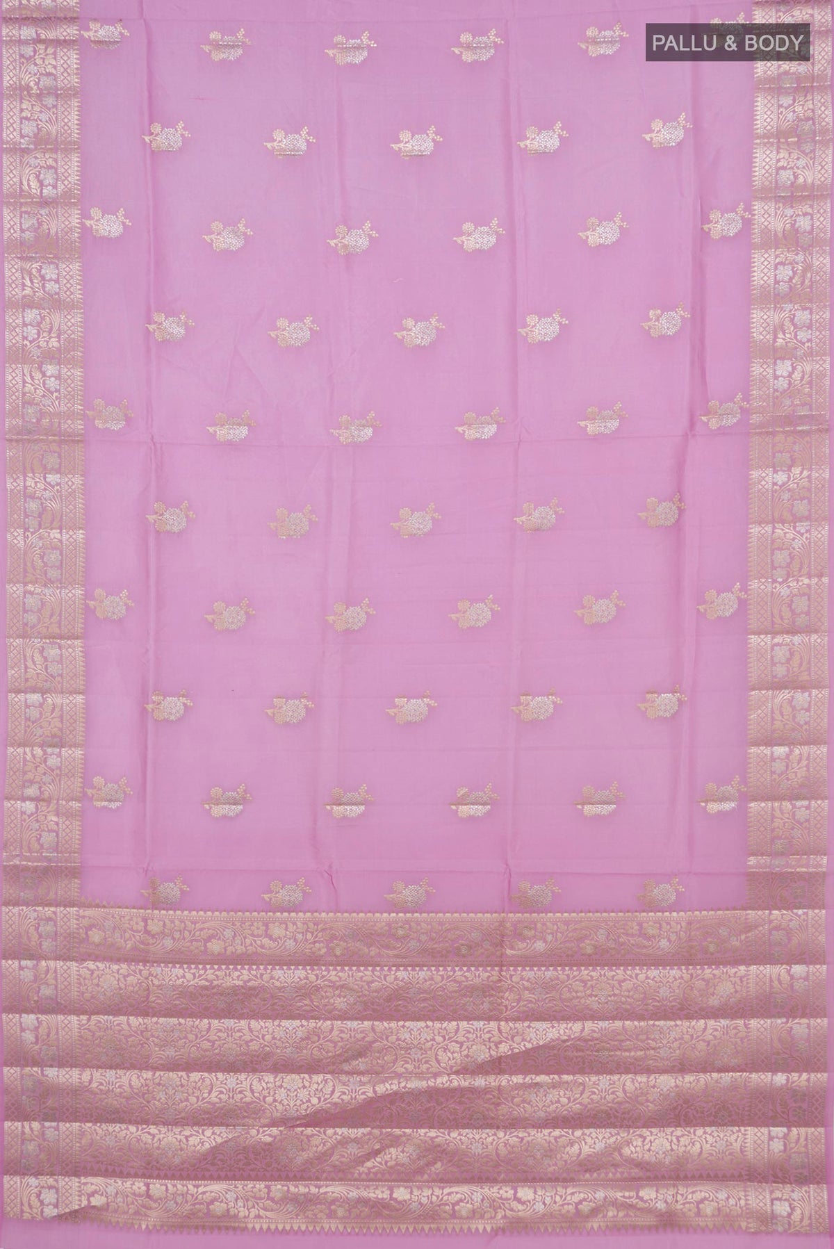 Flat view of Pure Silk Pink Banarasi Raw Saree with Zari Butta on the body and Fancy Border. 