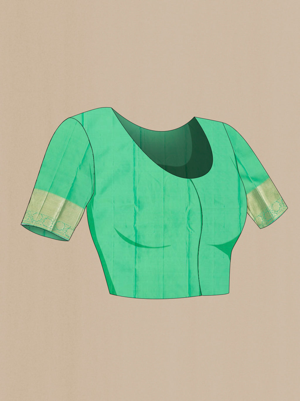 Close up image of the blouse of Pure Silk Green Kanjivaram Saree with Zari Brocade on the body and Zari Border. 