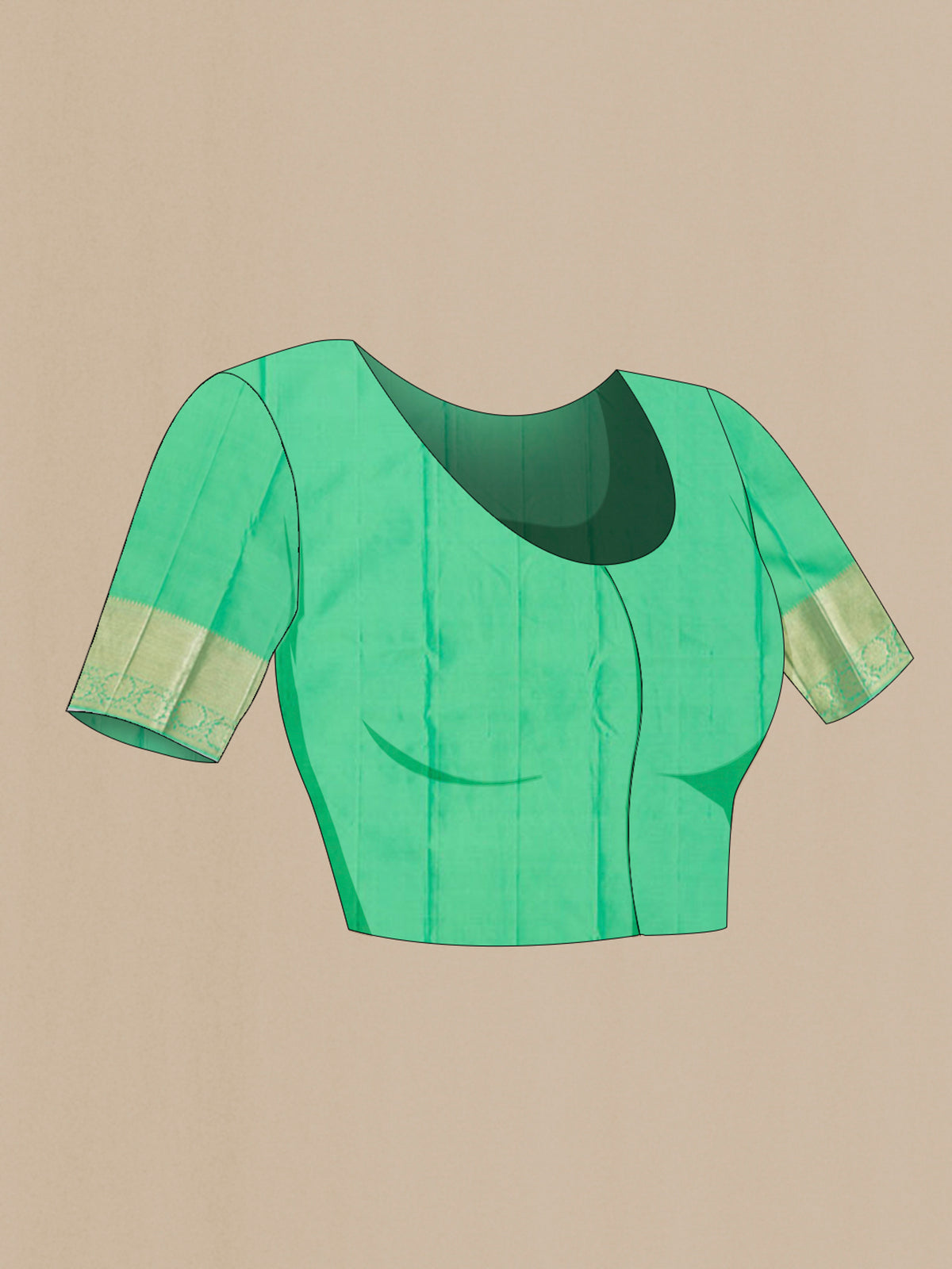 Close up image of the blouse of Pure Silk Green Kanjivaram Saree with Zari Brocade on the body and Zari Border. 