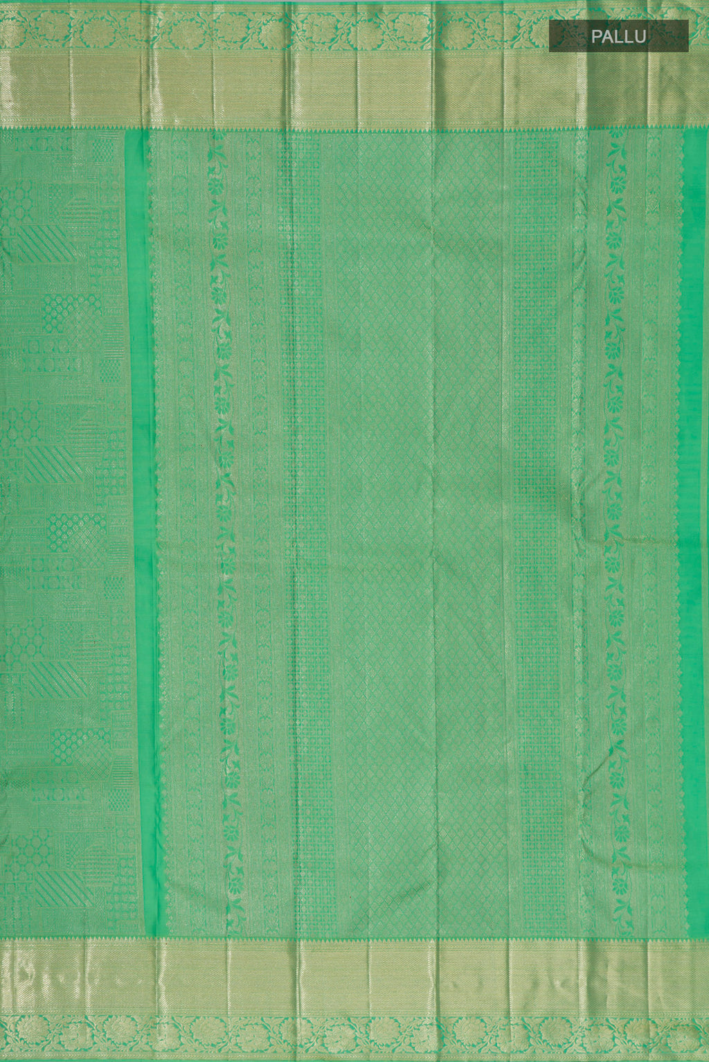 Close up image of the pallu of Pure Silk Green Kanjivaram Saree with Zari Brocade on the body and Zari Border. 