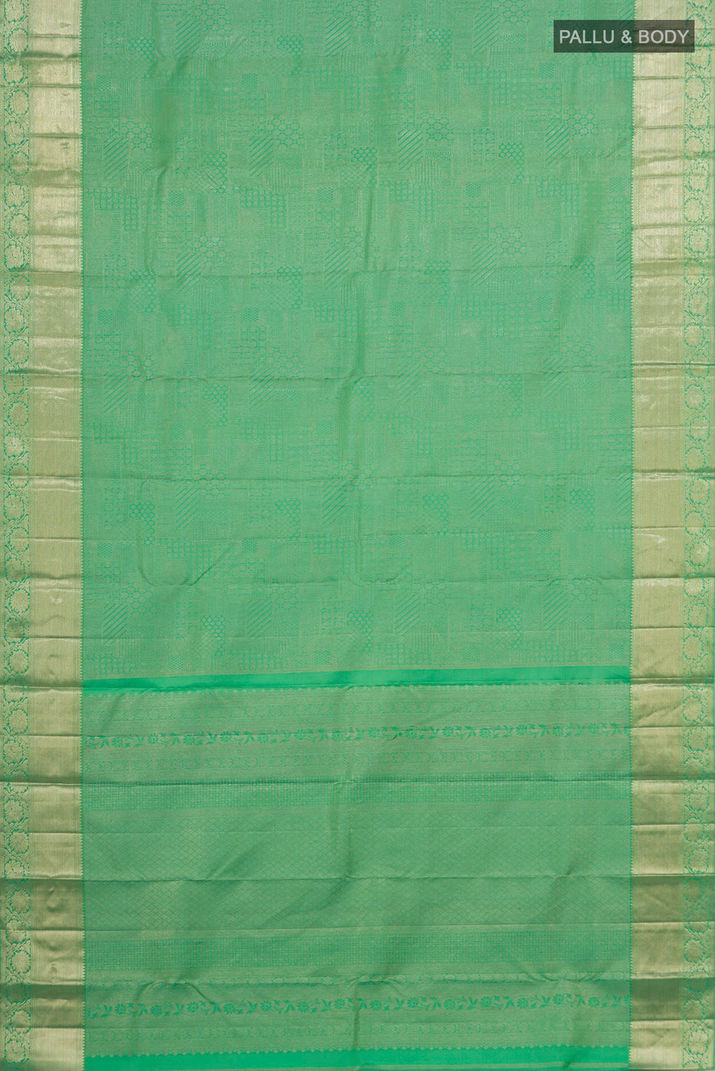 Flat view of Pure Silk Green Kanjivaram Saree with Zari Brocade on the body and Zari Border. 