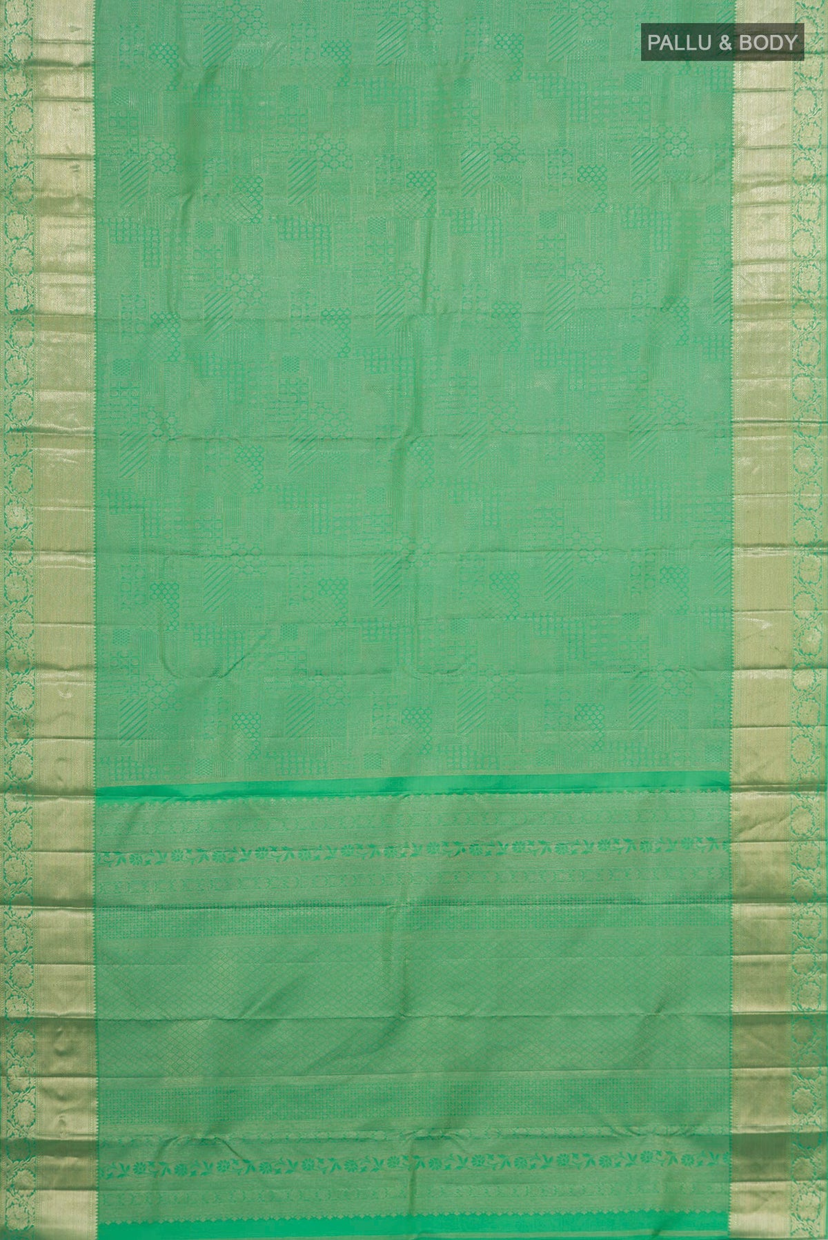 Flat view of Pure Silk Green Kanjivaram Saree with Zari Brocade on the body and Zari Border. 