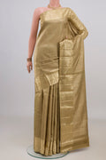 Pure Silk Golden Kanjivaram Saree with Zari Brocade on the body and Zari Border.  displayed on a mannequin