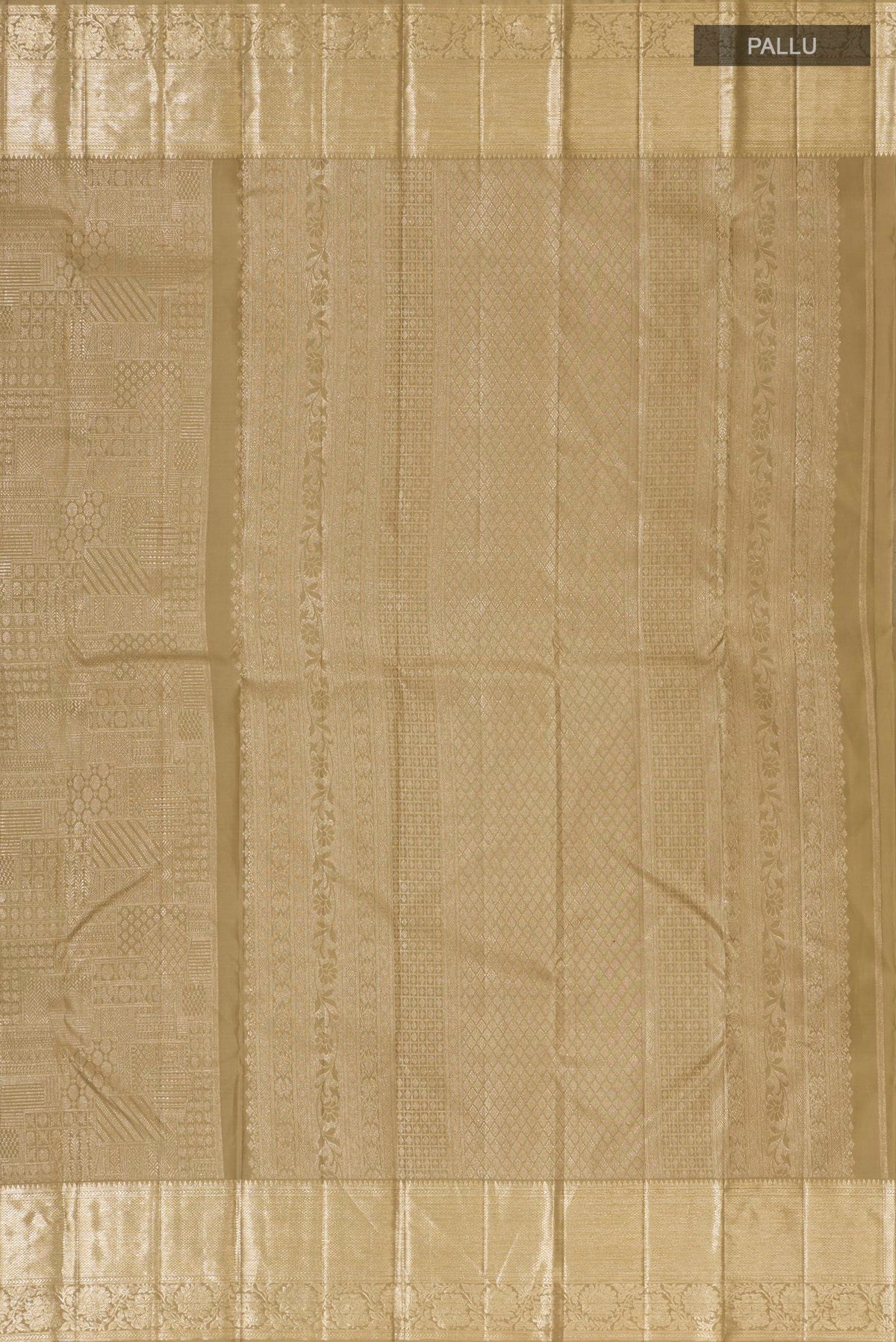 Close up image of the pallu of Pure Silk Golden Kanjivaram Saree with Zari Brocade on the body and Zari Border. 