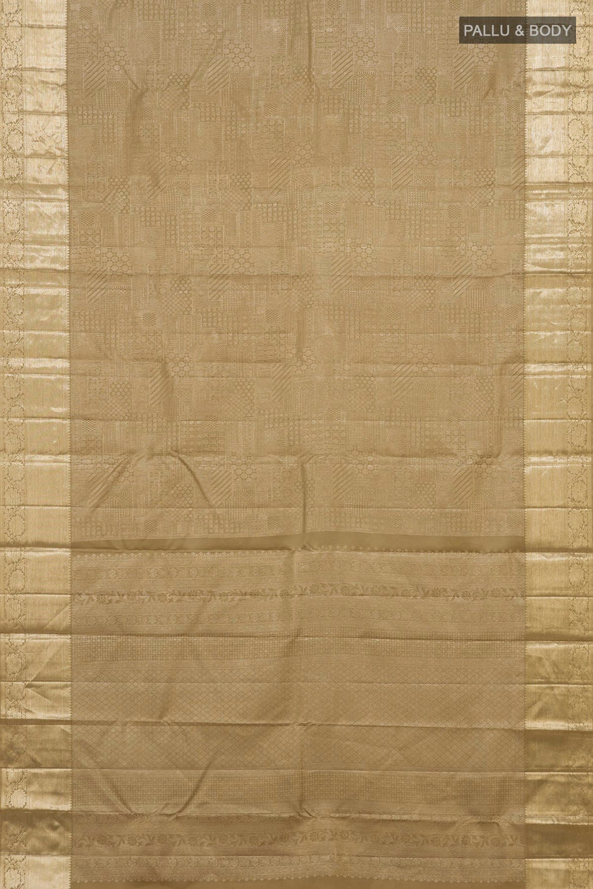 Flat view of Pure Silk Golden Kanjivaram Saree with Zari Brocade on the body and Zari Border. 