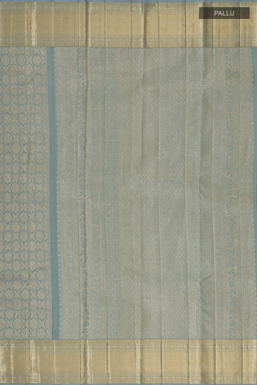 Close up image of the pallu of Pure Silk Grey Kanjivaram Saree with Zari Brocade on the body and Zari Border. 