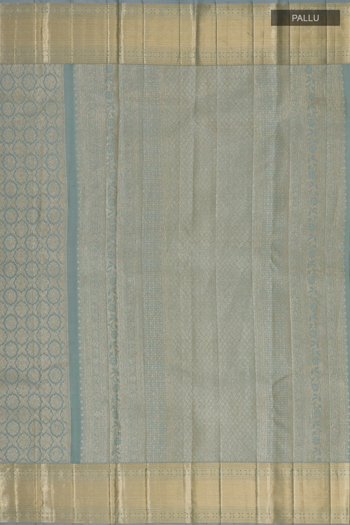 Close up image of the pallu of Pure Silk Grey Kanjivaram Saree with Zari Brocade on the body and Zari Border. 