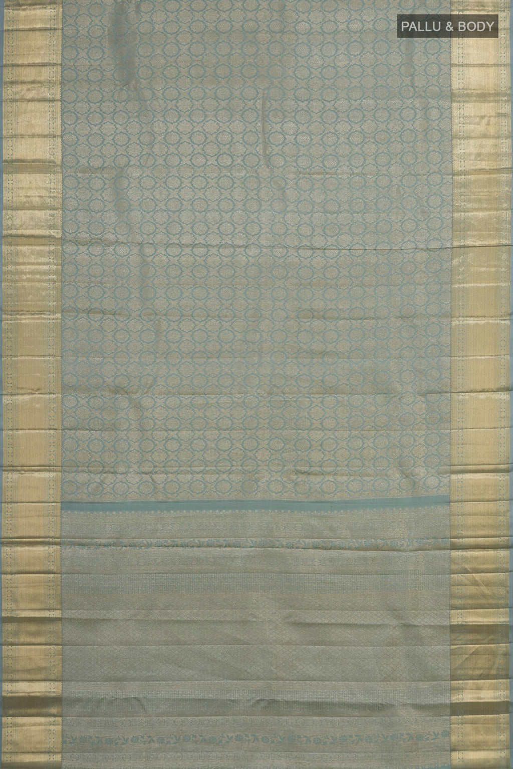 Flat view of Pure Silk Grey Kanjivaram Saree with Zari Brocade on the body and Zari Border. 