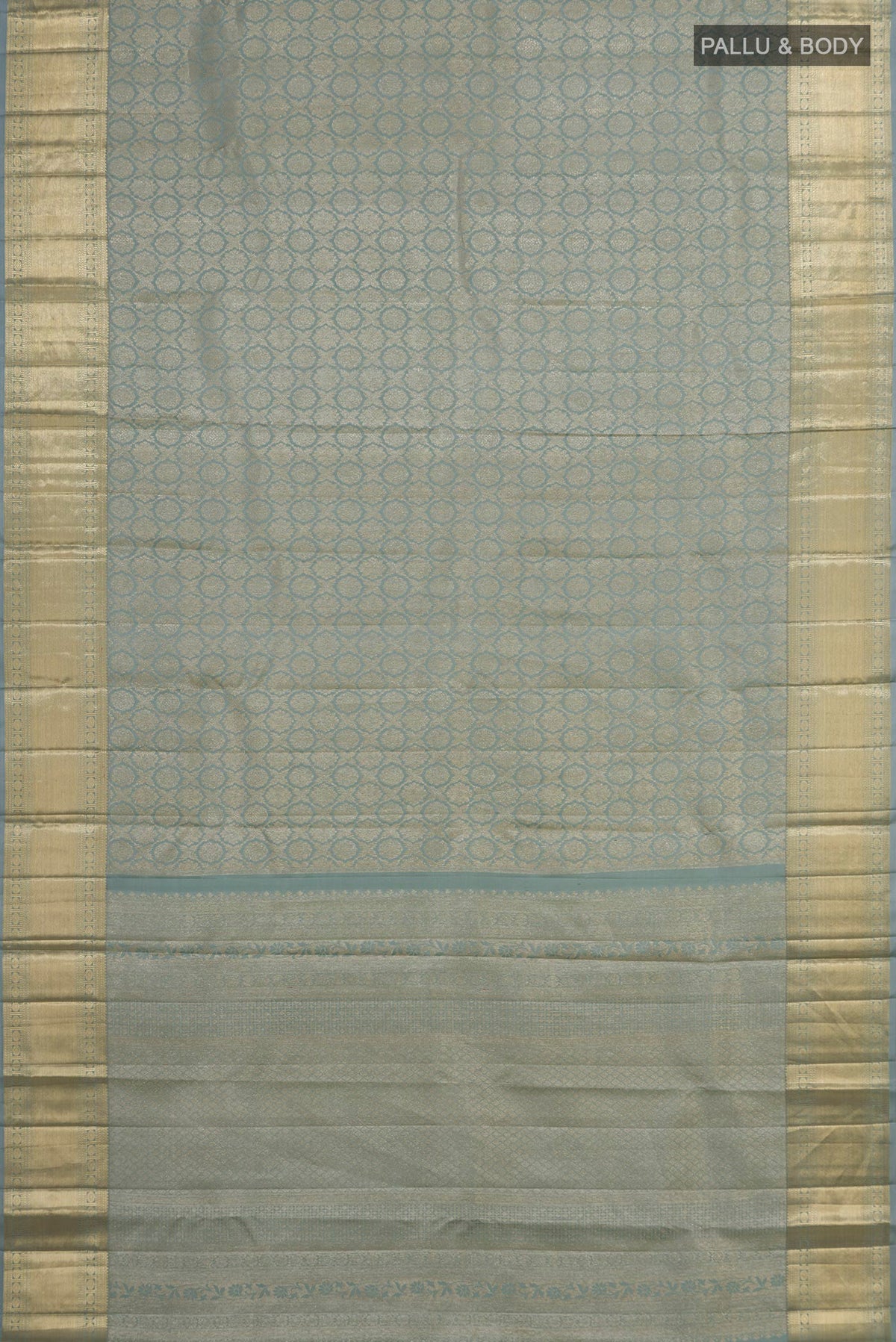Flat view of Pure Silk Grey Kanjivaram Saree with Zari Brocade on the body and Zari Border. 