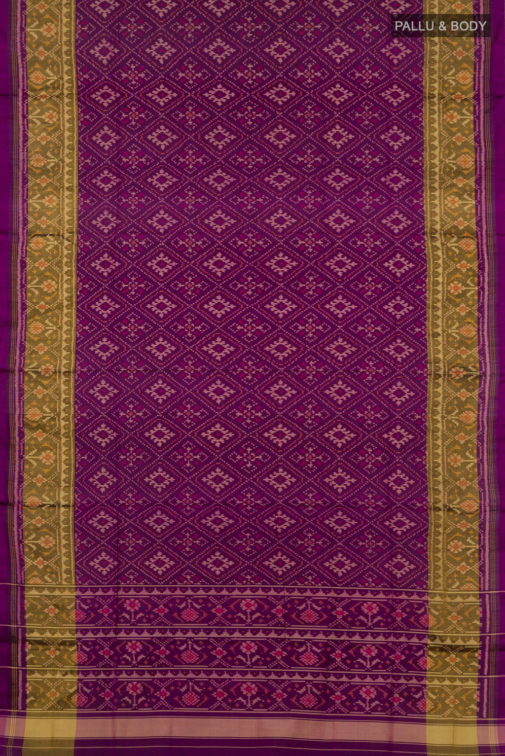 Flat view of Pure Silk Purple Rajkot Patola Saree with Ikat design on the body and Thin Zari Line. 