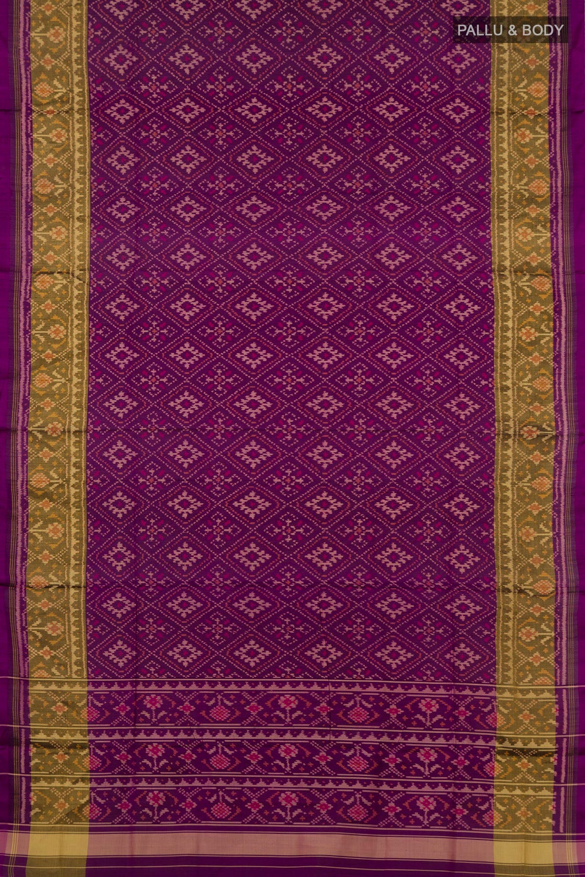 Flat view of Pure Silk Purple Rajkot Patola Saree with Ikat design on the body and Thin Zari Line. 