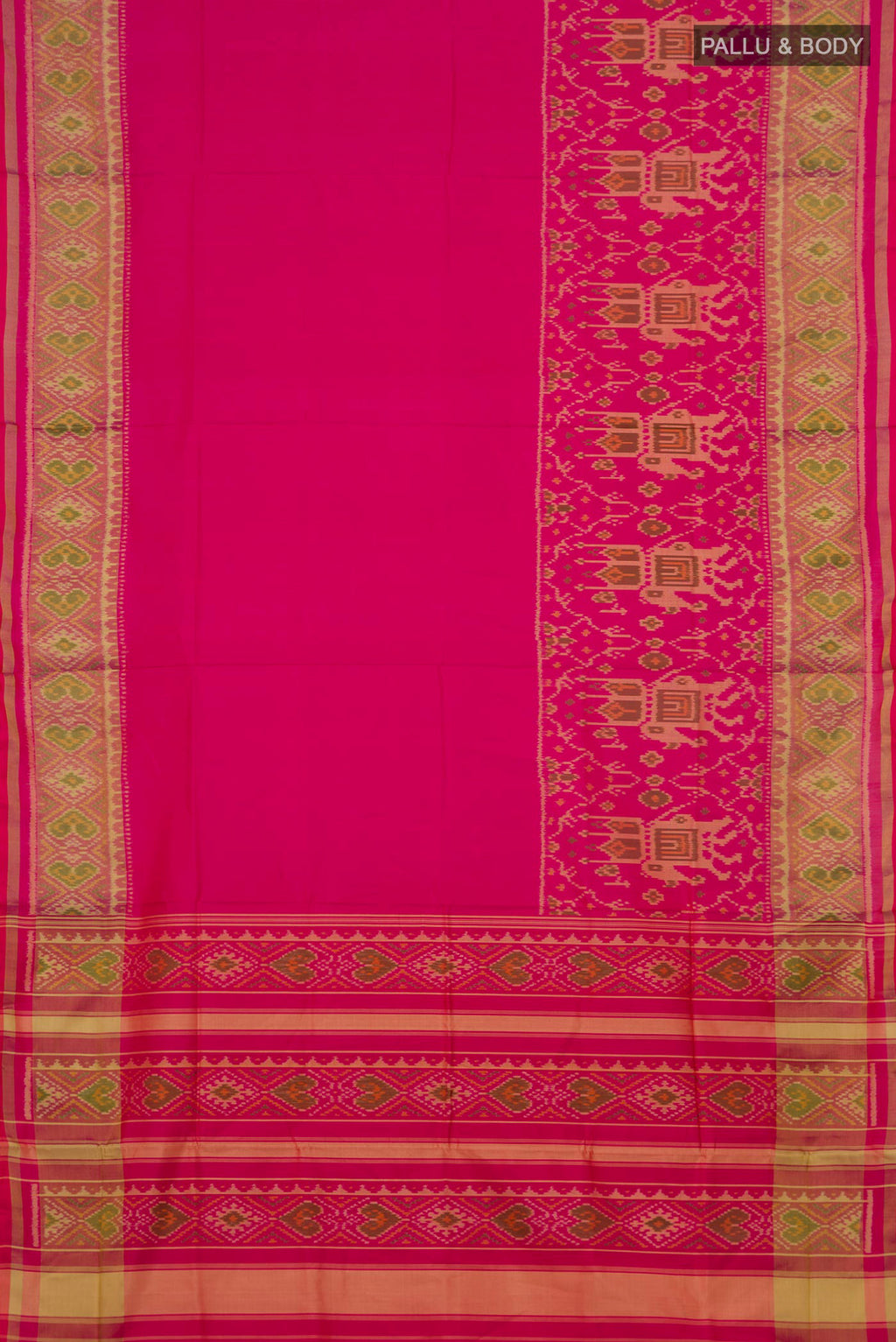 Flat view of Pure Silk Pink Rajkot Patola Saree with Pure Ikat on the body and Ikat Border. 