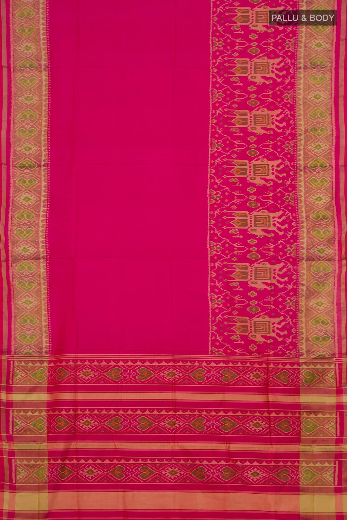 Flat view of Pure Silk Pink Rajkot Patola Saree with Pure Ikat on the body and Ikat Border. 