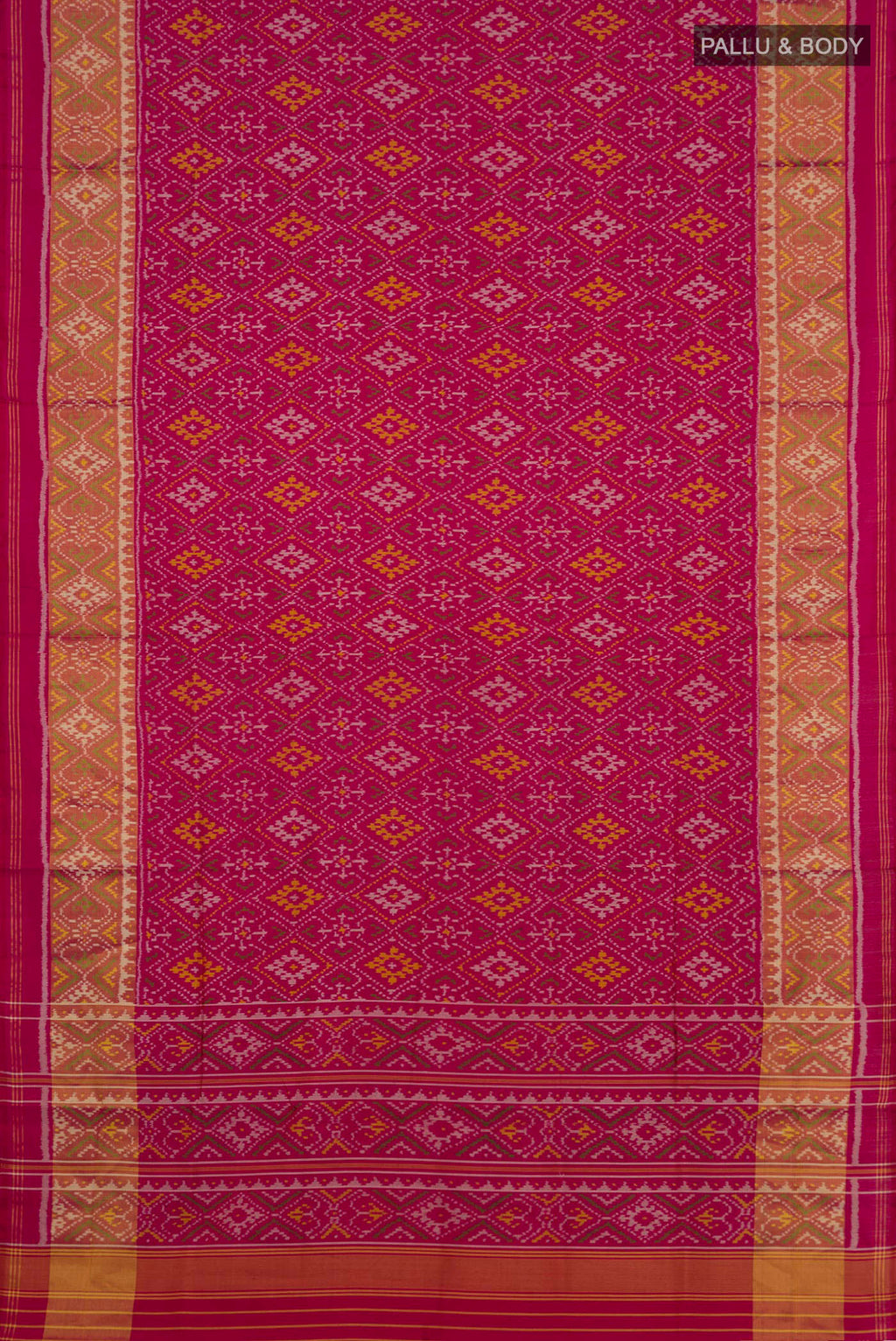 Flat view of Pure Silk Dark Pink Rajkot Patola Saree with Pure Ikat on the body and Ikat Border. 