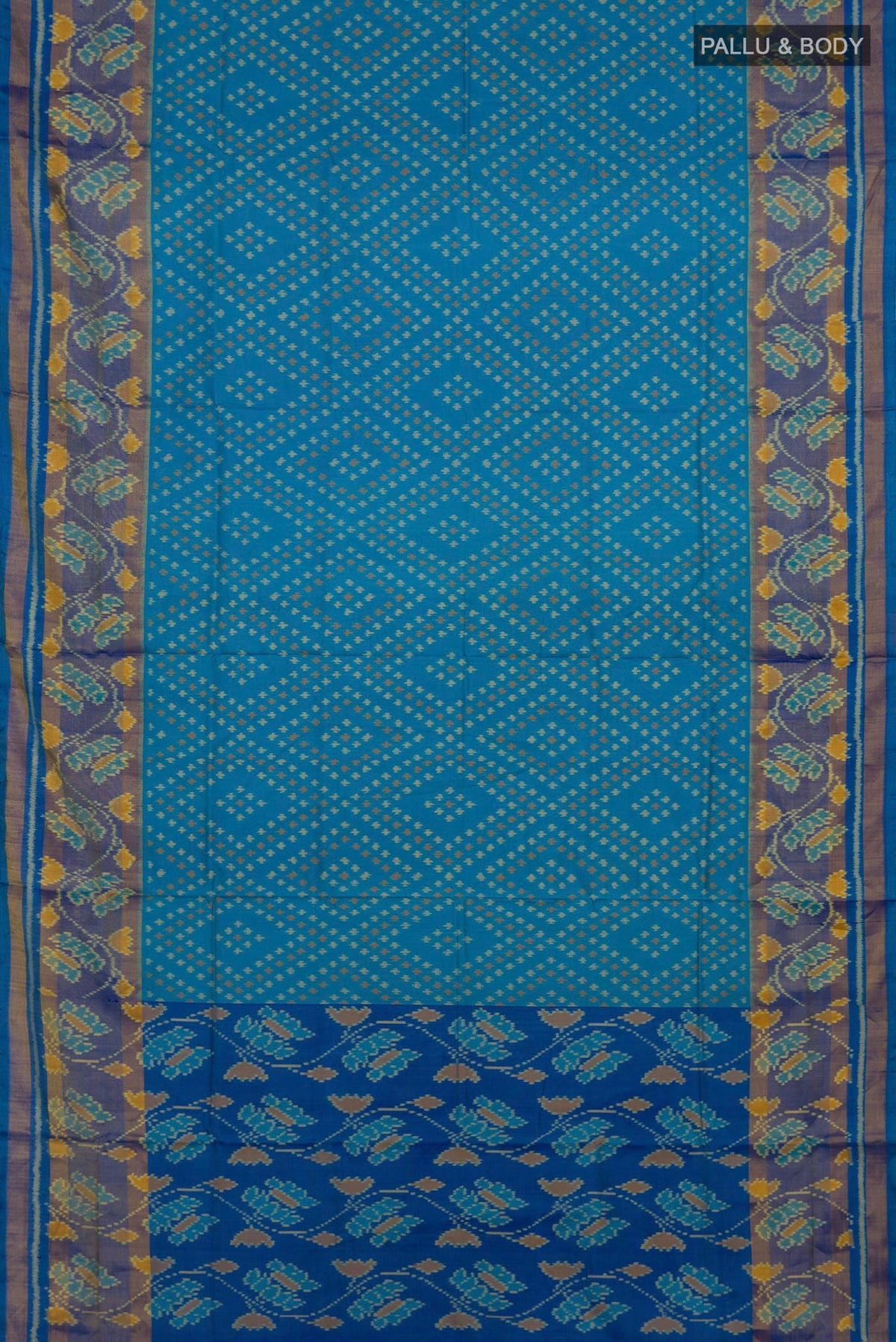 Flat view of Pure Silk Blue Rajkot Patola Saree with Pure Ikat on the body and Ikat Border. 