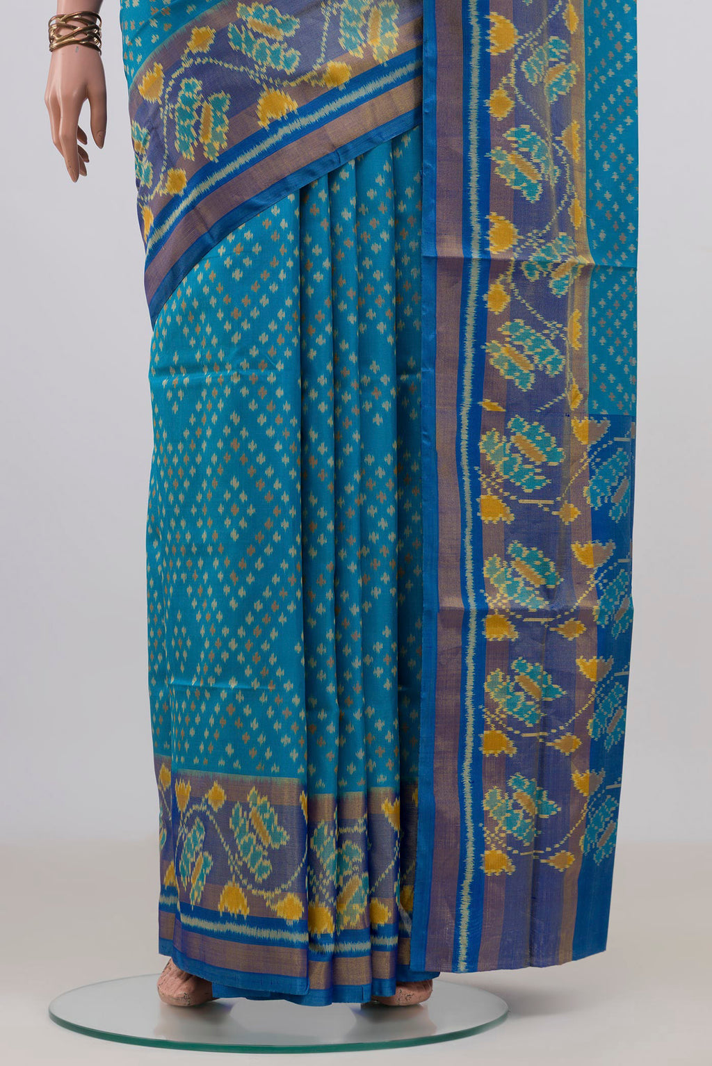 Pleats and pallu of Pure Silk Blue Rajkot Patola Saree with Pure Ikat on the body and Ikat Border. 