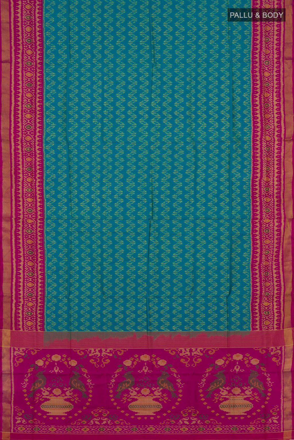 Flat view of Pure Silk Blue Rajkot Patola Saree with Ikat design on the body and Ikat Border. 