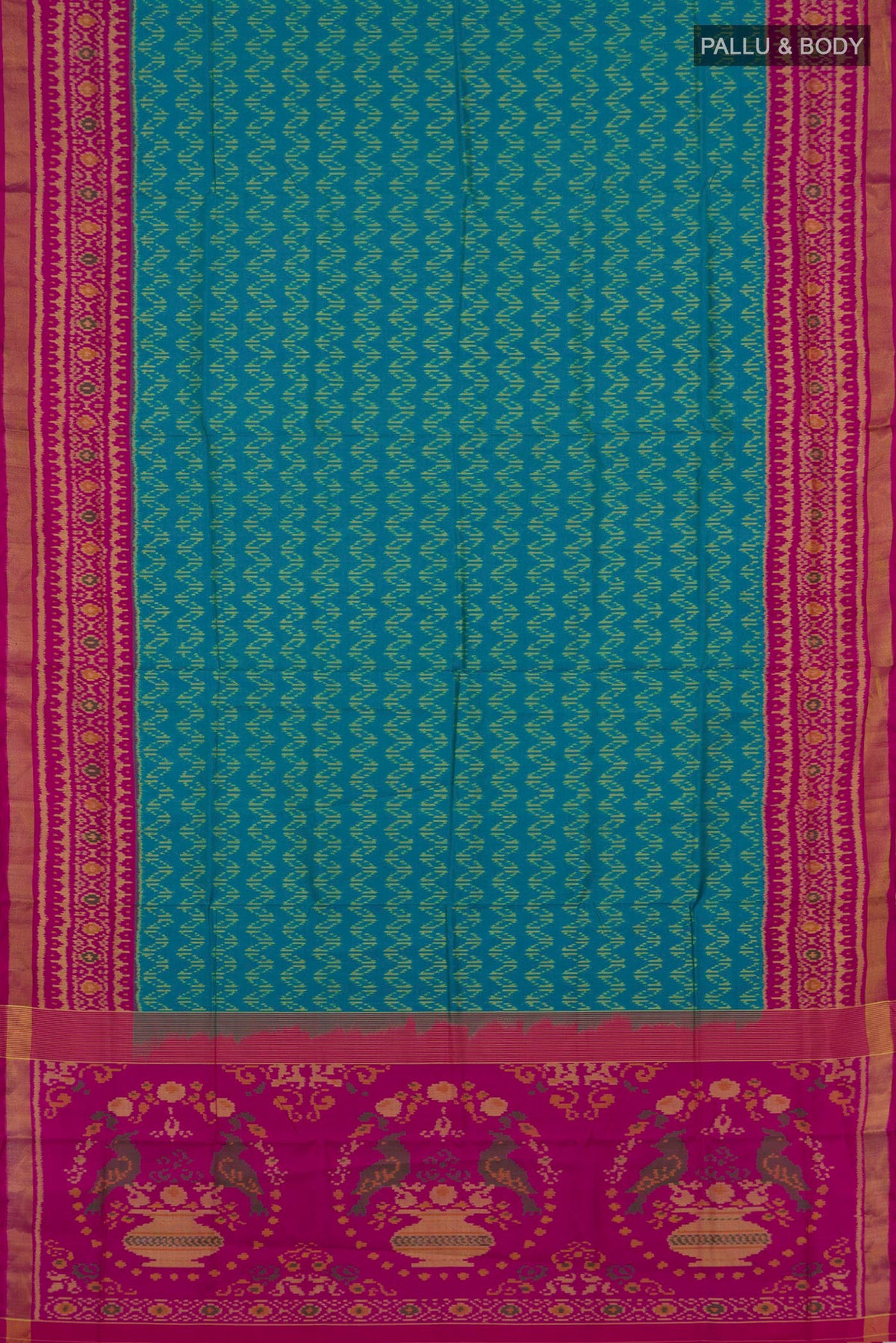 Flat view of Pure Silk Blue Rajkot Patola Saree with Ikat design on the body and Ikat Border. 