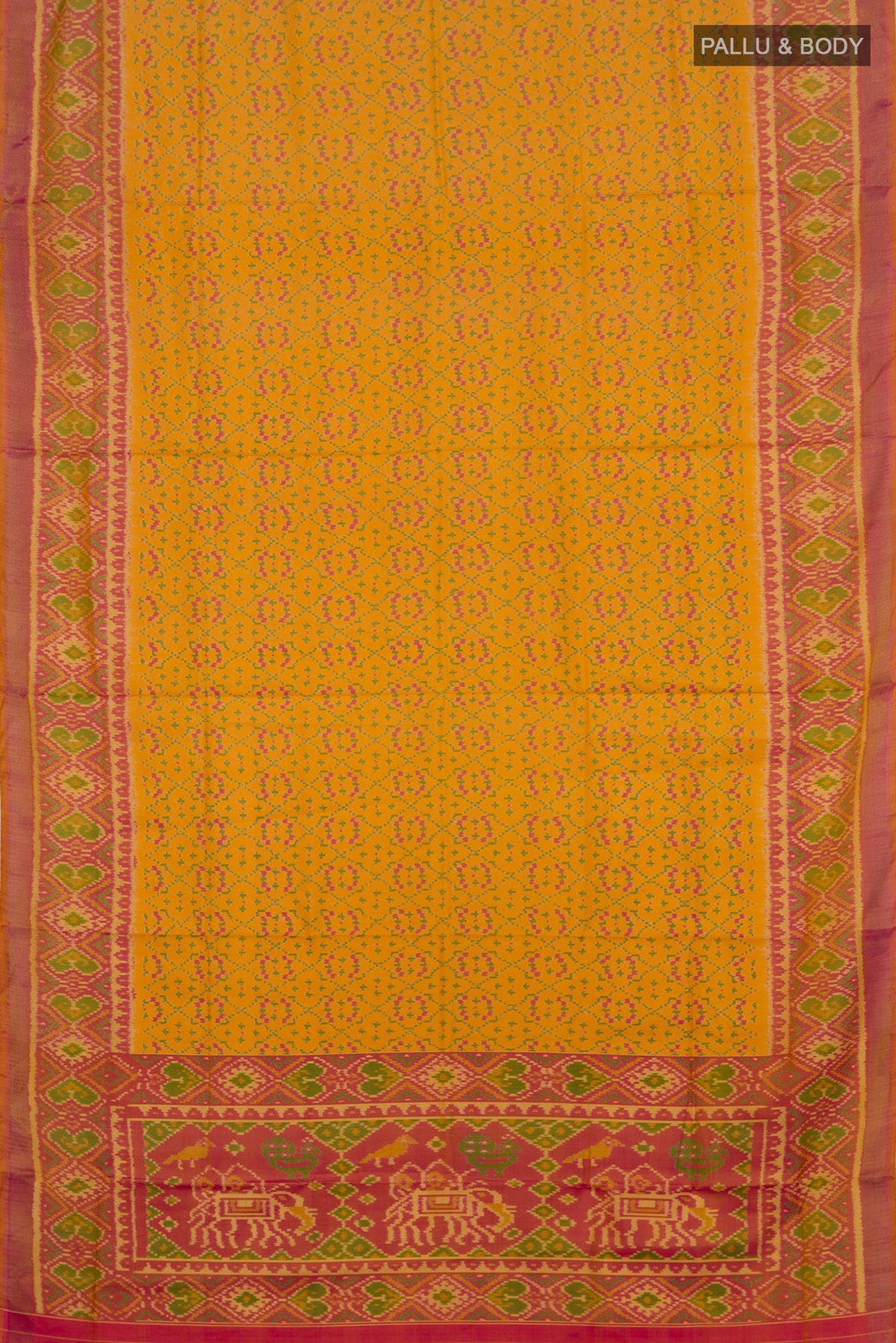 Flat view of Pure Silk Yellow Rajkot Patola Saree with Pure Ikat on the body and Ikat Border. 