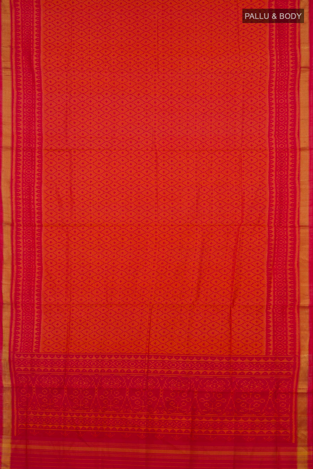 Flat view of Pure Silk Orange Rajkot Patola Saree with Ikat design on the body and Thin Zari Line. 