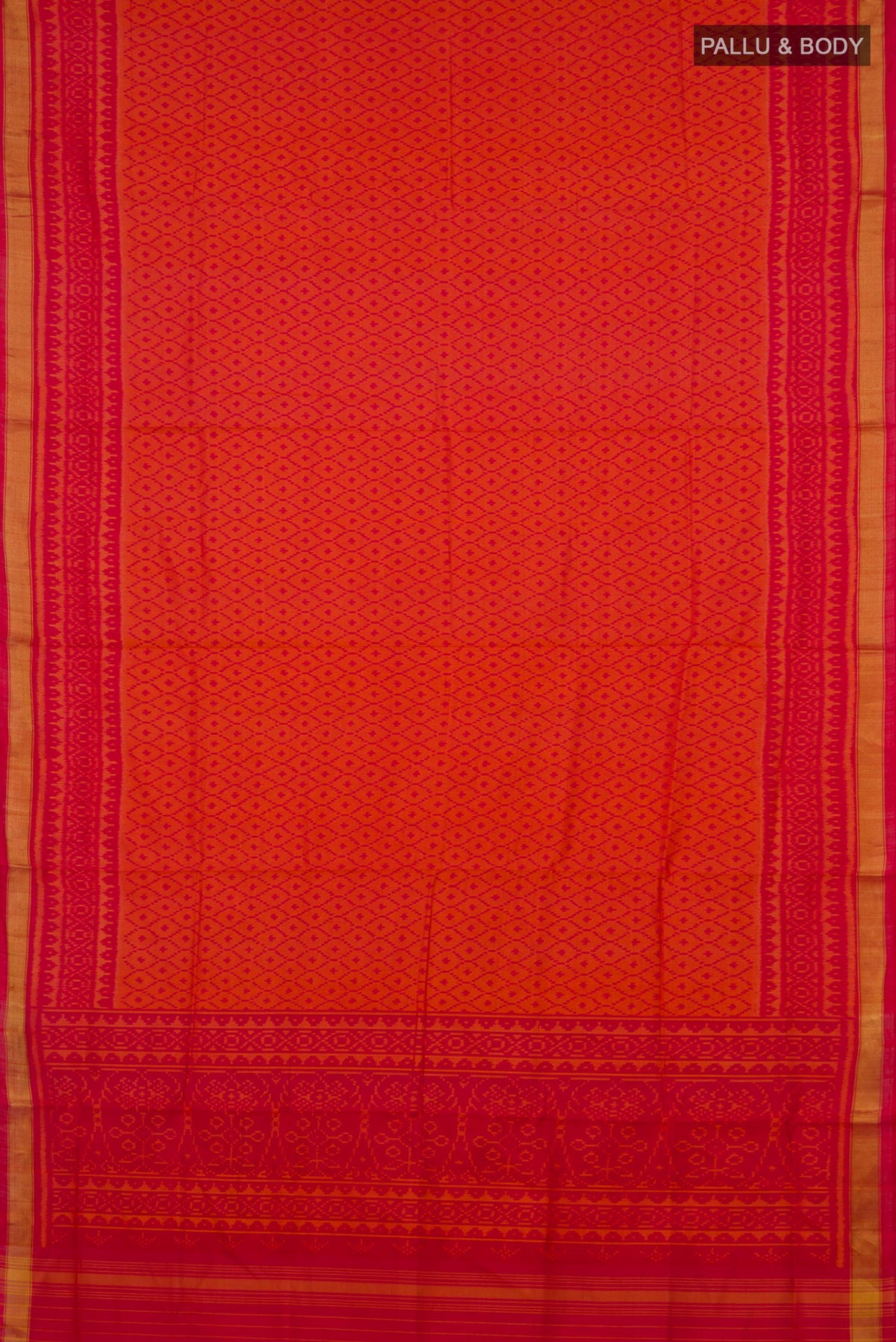 Flat view of Pure Silk Orange Rajkot Patola Saree with Ikat design on the body and Thin Zari Line. 