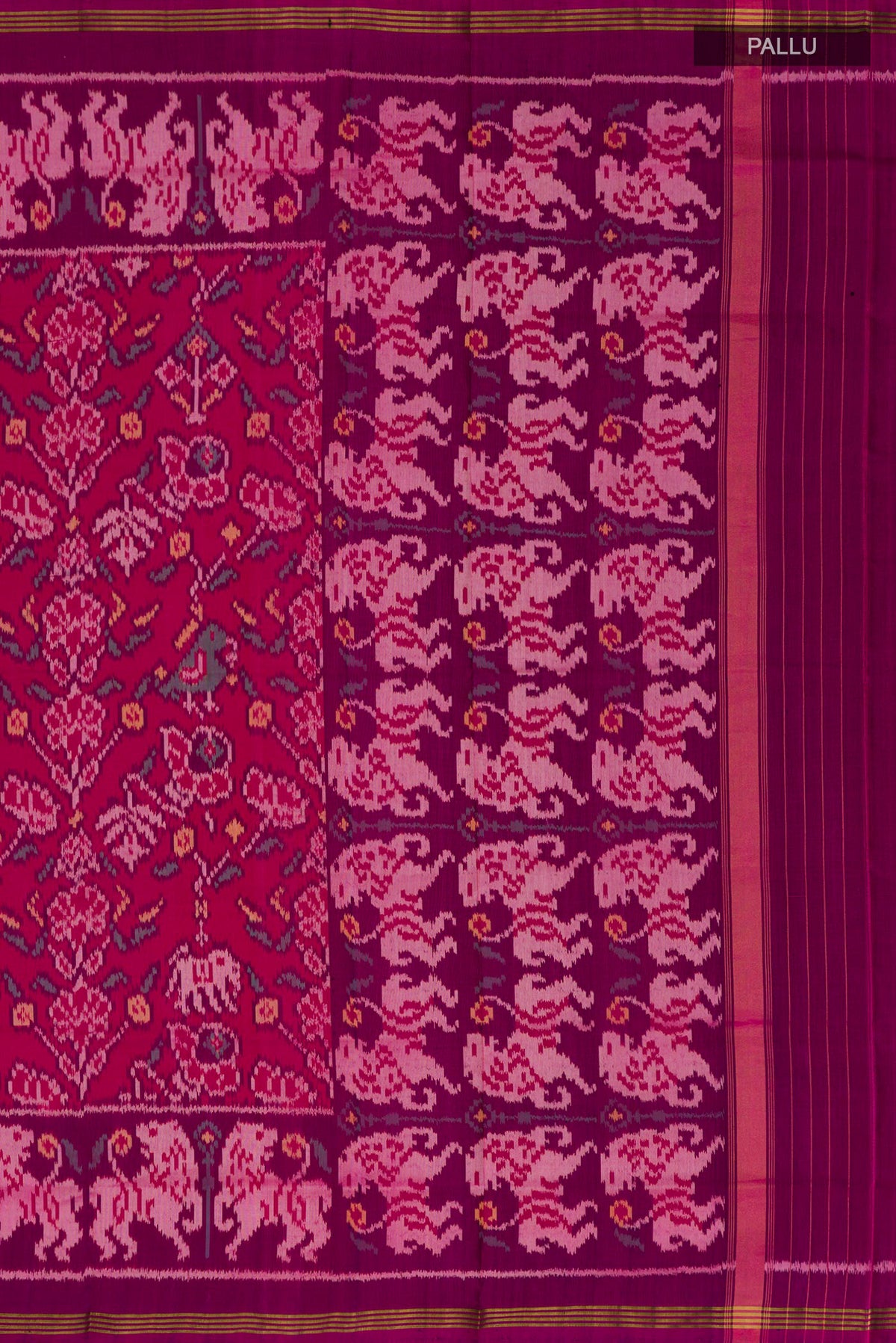 Close up image of the pallu of Pure Silk Pink Rajkot Patola Saree with Ikat design on the body and Ikat Border. 