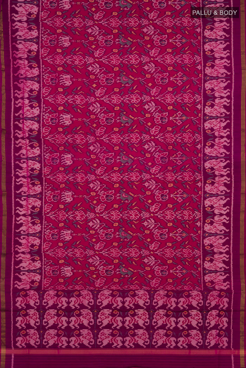 Flat view of Pure Silk Pink Rajkot Patola Saree with Ikat design on the body and Ikat Border. 