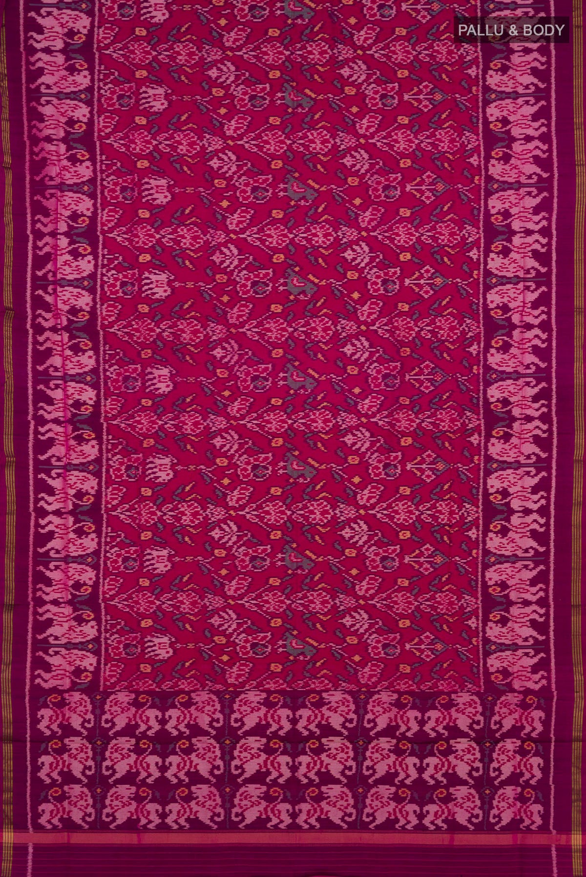 Flat view of Pure Silk Pink Rajkot Patola Saree with Ikat design on the body and Ikat Border. 