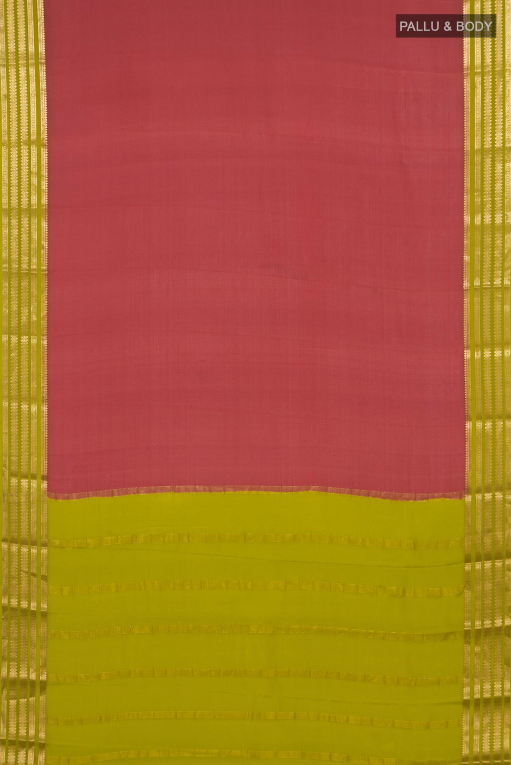 Flat view of Coral Mysore Crepe Saree with Plain Body and Zari Border. 