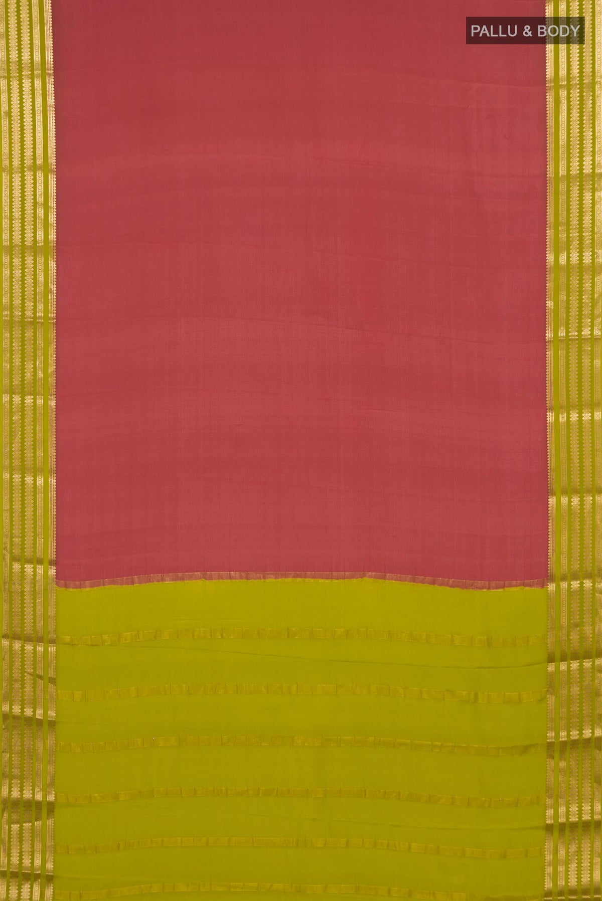 Flat view of Coral Mysore Crepe Saree with Plain Body and Zari Border. 