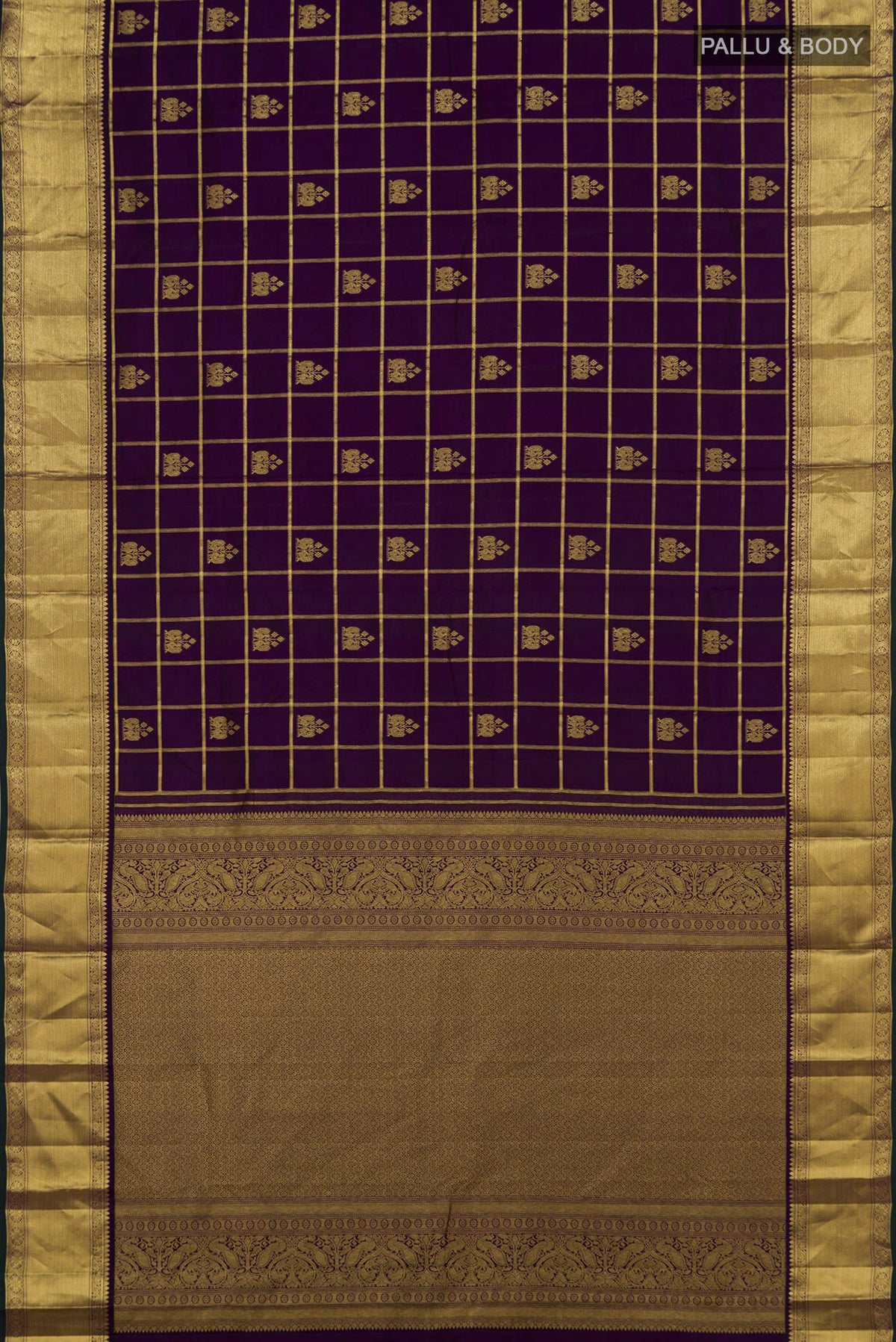 Flat view of Pure Silk Purple Kanchipuram Saree with Checked design on the body and Zari Border. 