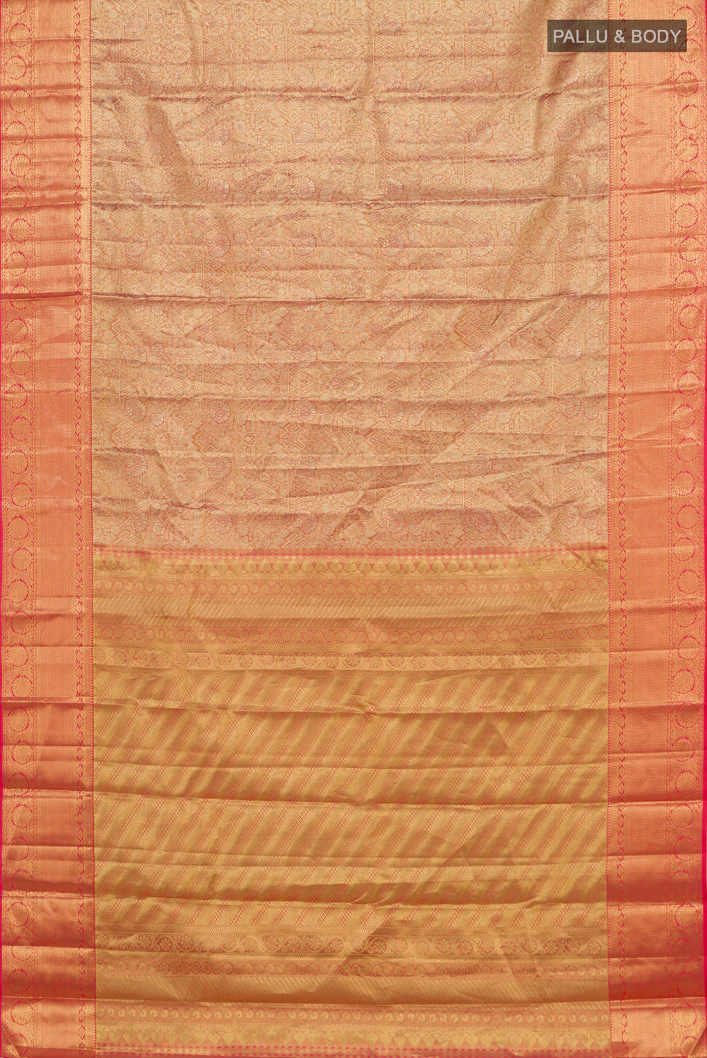 Flat view of Golden Dual Tone Kanchipuram Saree with Zari Brocade on the body and Zari Border. 