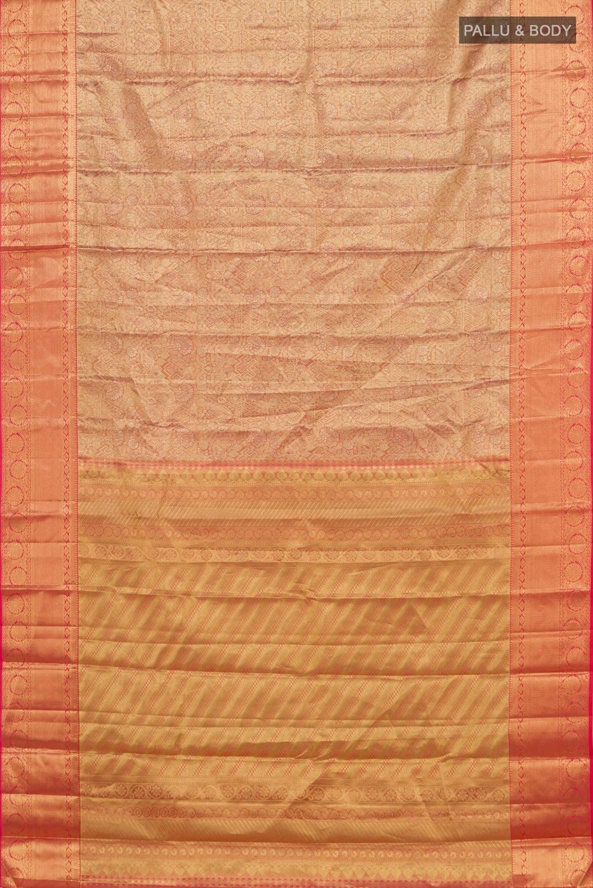 Flat view of Golden Dual Tone Kanchipuram Saree with Zari Brocade on the body and Zari Border. 