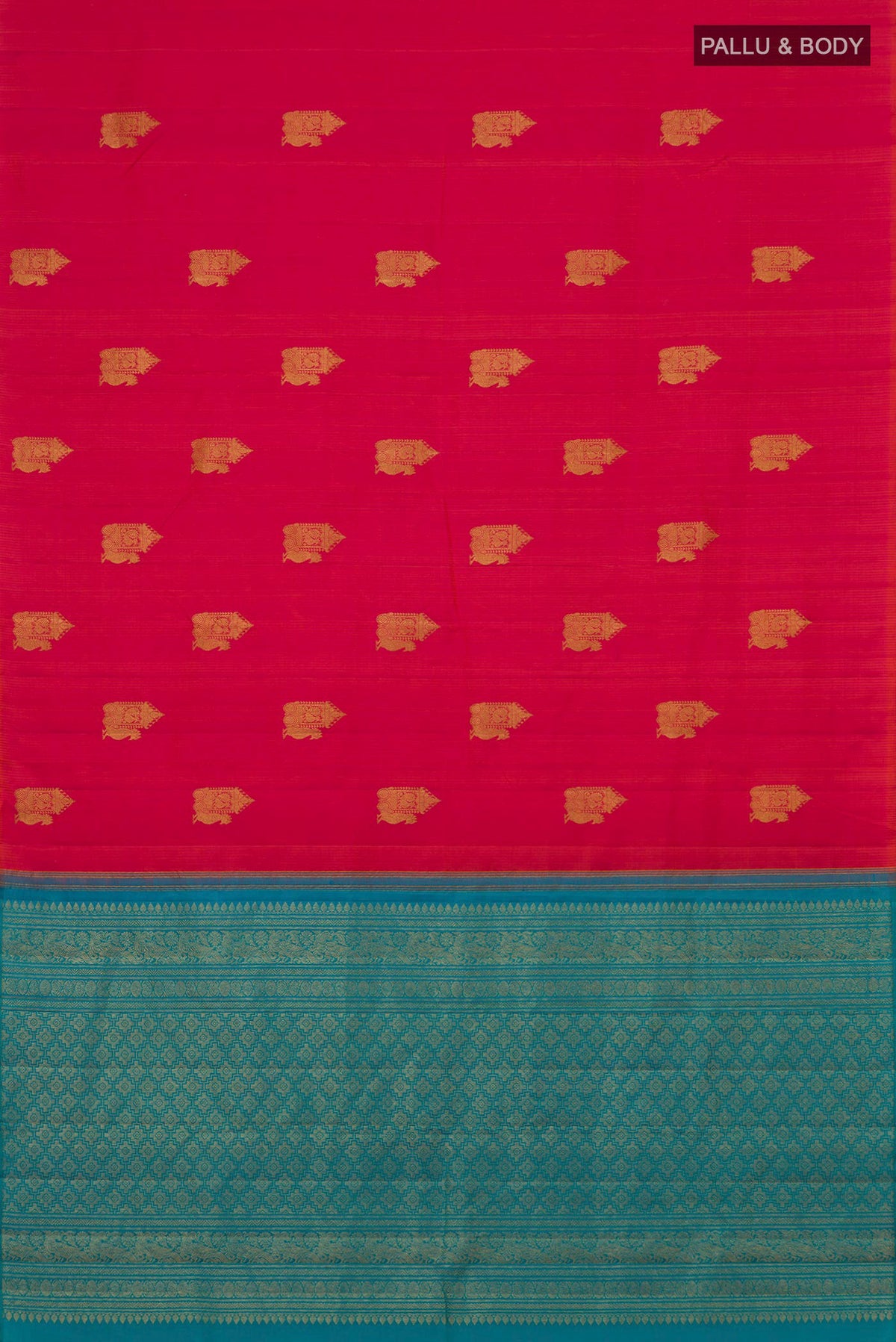Flat view of Pure Silk Pink Kanchipuram Saree with Zari Butta on the body and Without Border. 