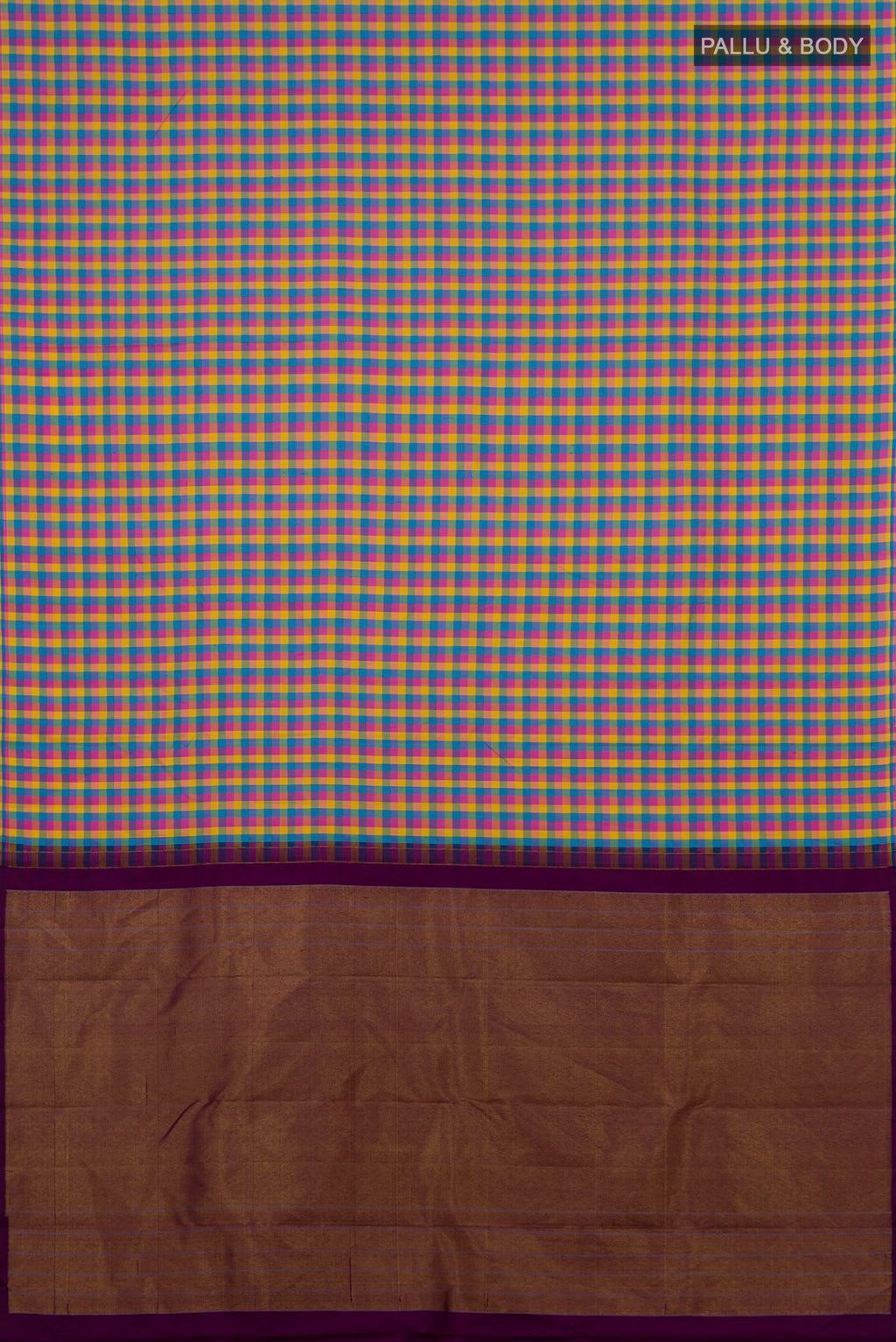 Flat view of Pure Silk Multi Color Kanchipuram Saree with Checked design on the body and Without Border. 