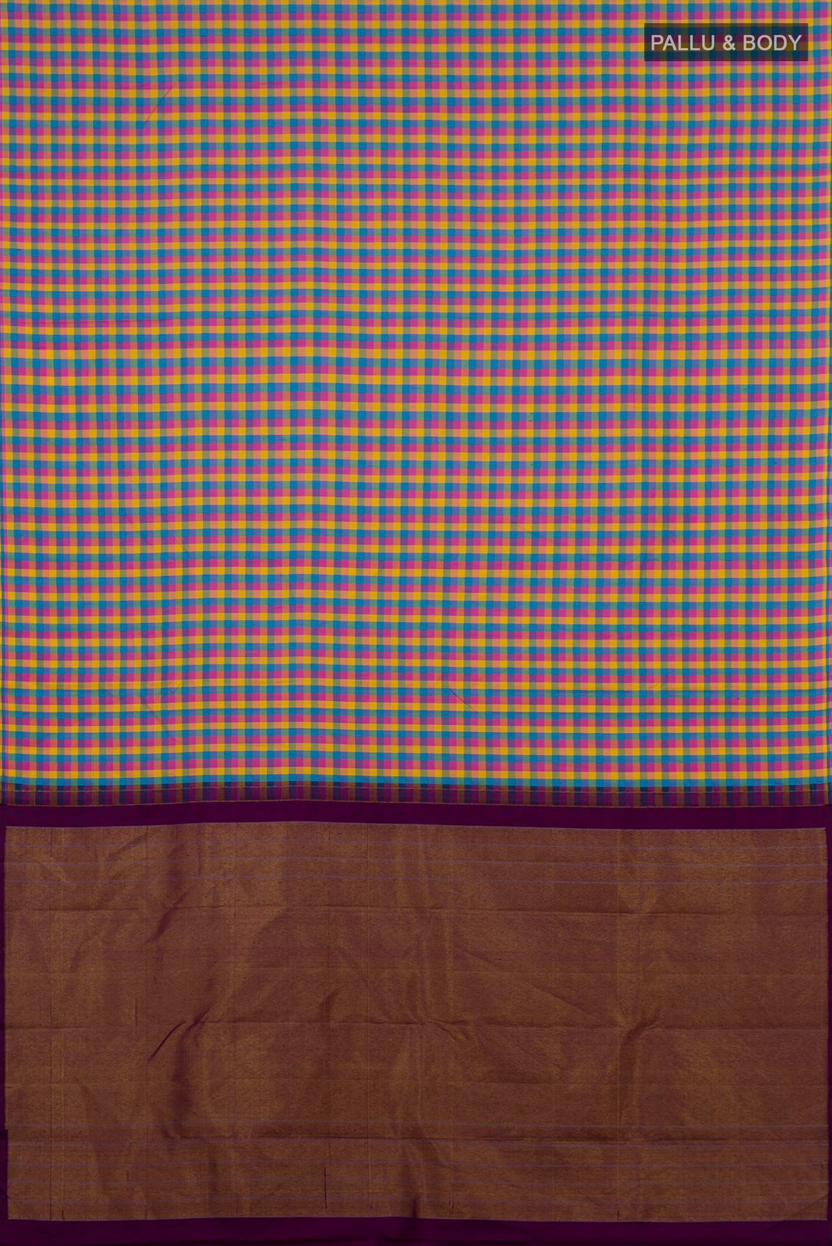 Flat view of Pure Silk Multi Color Kanchipuram Saree with Checked design on the body and Without Border. 
