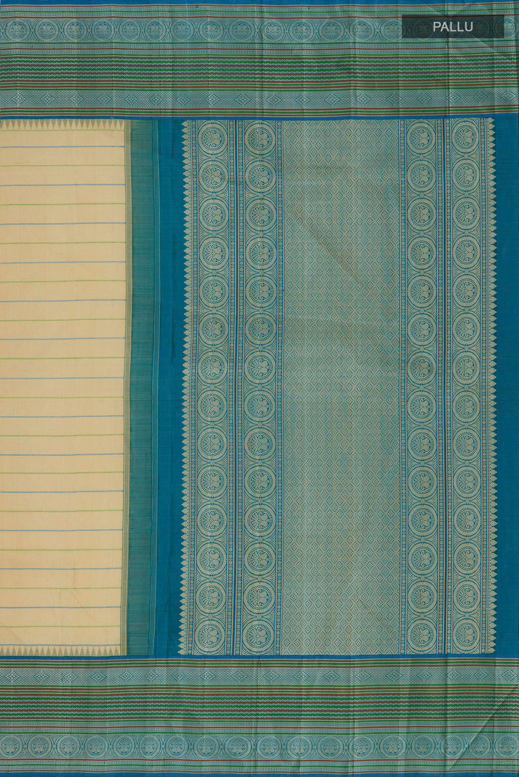 Close up image of the pallu of Pure Silk Sandal Kanjivaram Saree with Veldhari on the body and Thread Border. 