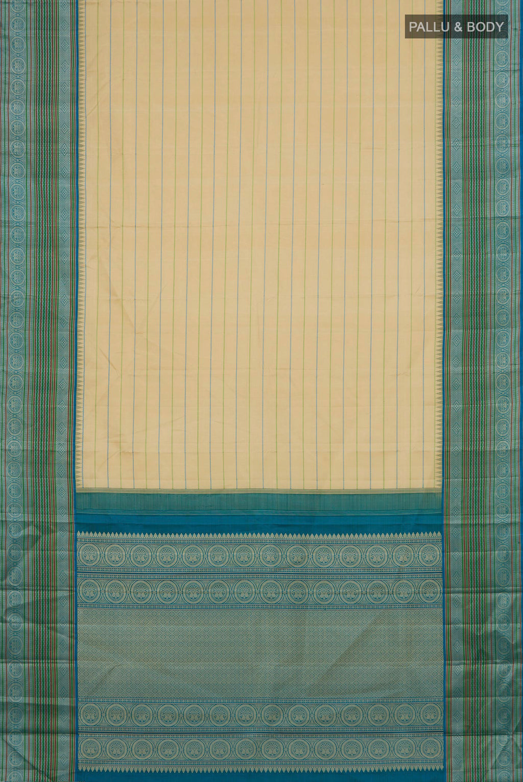 Flat view of Pure Silk Sandal Kanjivaram Saree with Veldhari on the body and Thread Border. 