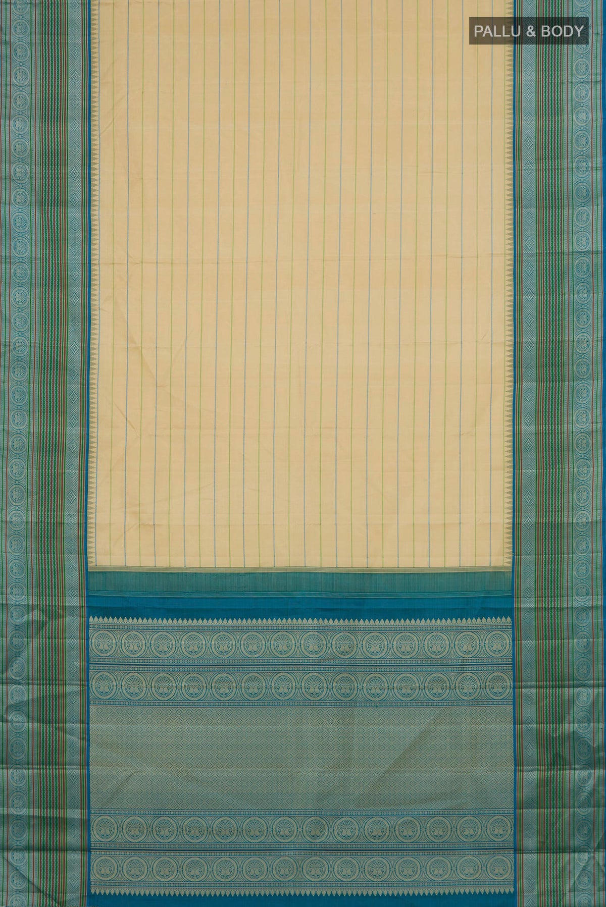 Flat view of Pure Silk Sandal Kanjivaram Saree with Veldhari on the body and Thread Border. 
