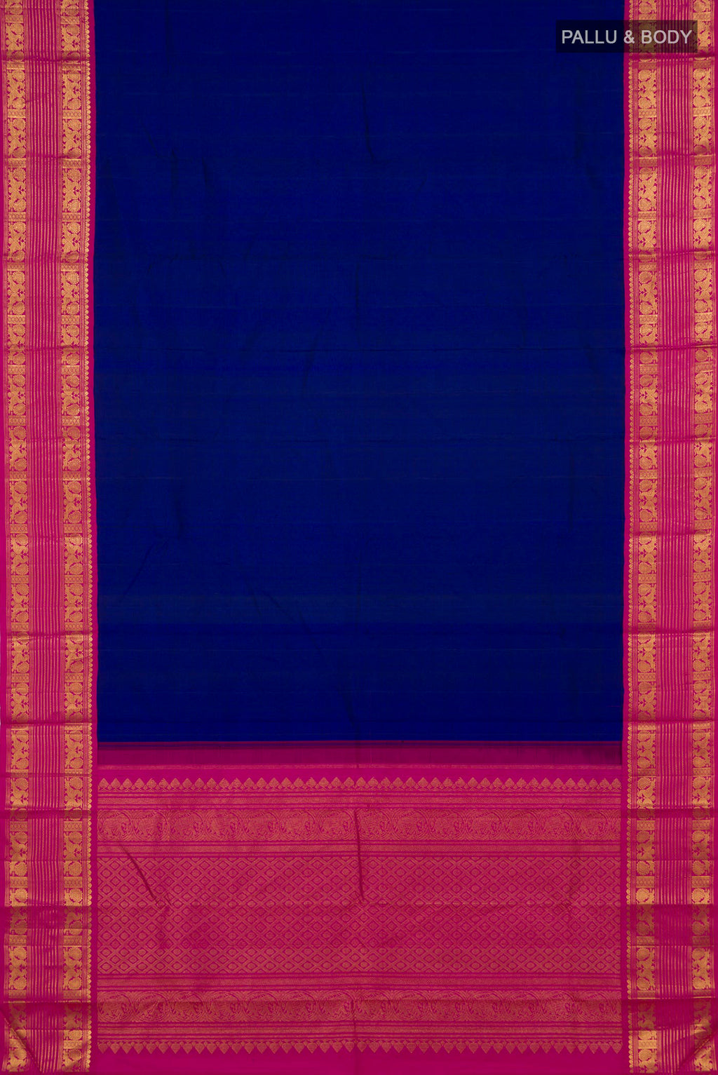 Flat view of Pure Silk Blue Kanjivaram Saree with Plain Body and Zari Border. 