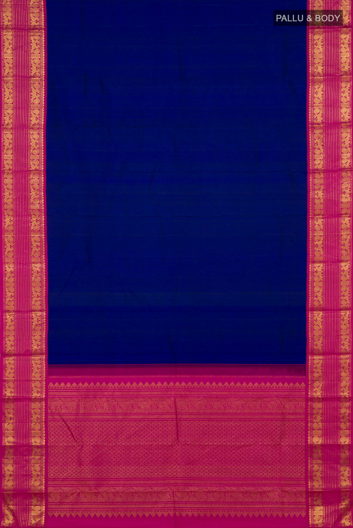 Flat view of Pure Silk Blue Kanjivaram Saree with Plain Body and Zari Border. 