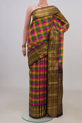 Pure Silk Multi Color Kanchipuram Saree with Checked design on the body and Zari Border.  displayed on a mannequin