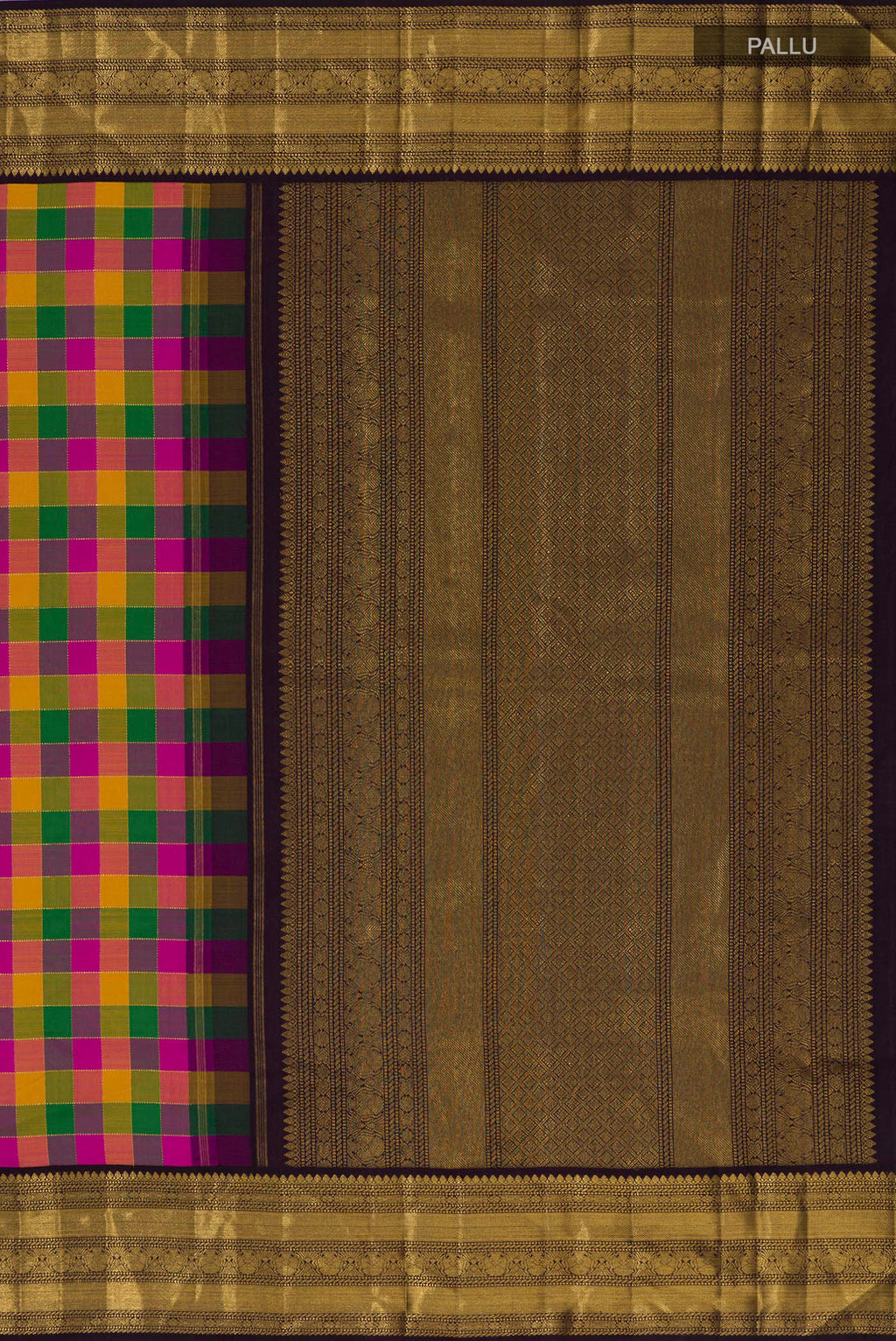 Close up image of the pallu of Pure Silk Multi Color Kanchipuram Saree with Checked design on the body and Zari Border. 