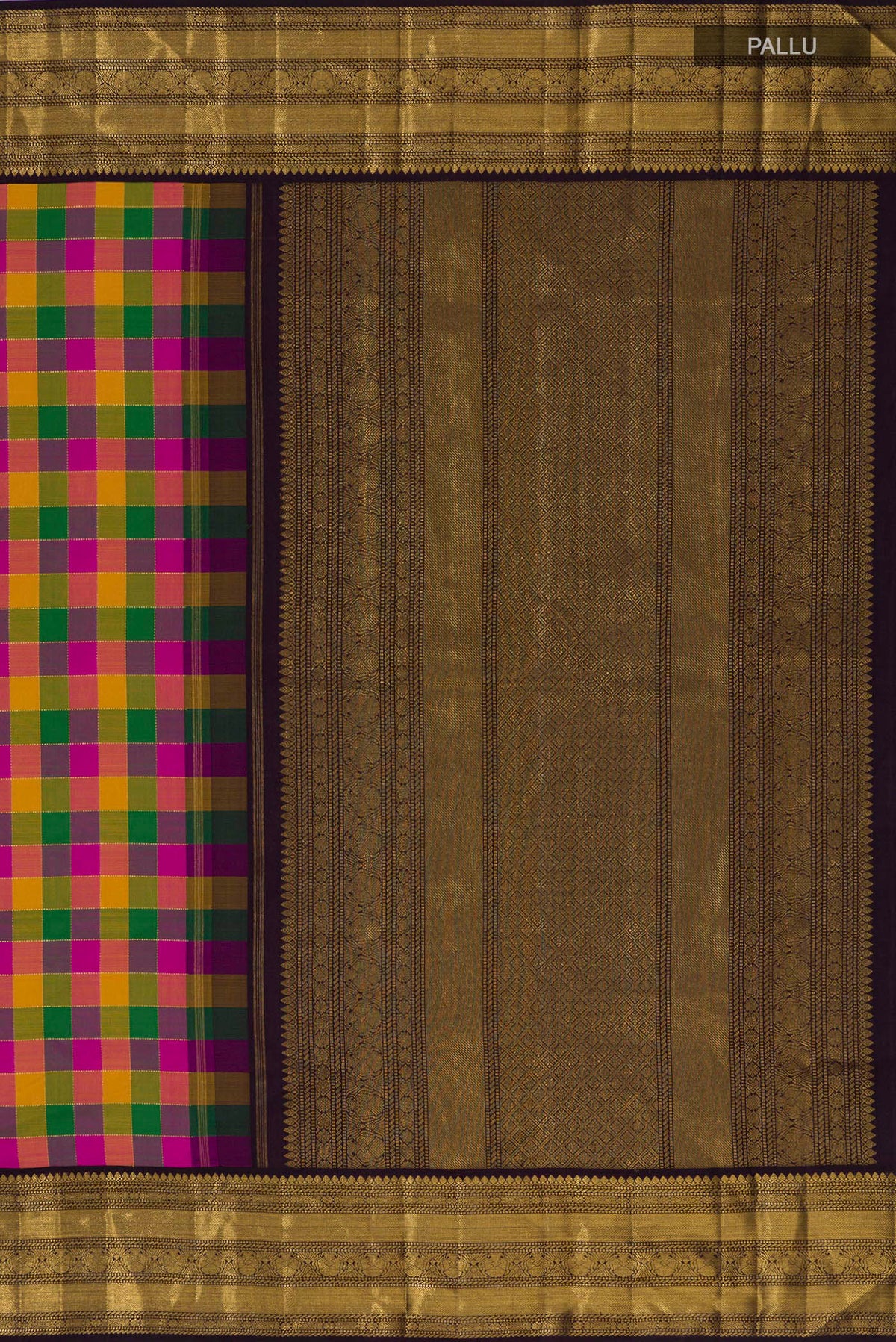 Close up image of the pallu of Pure Silk Multi Color Kanchipuram Saree with Checked design on the body and Zari Border. 