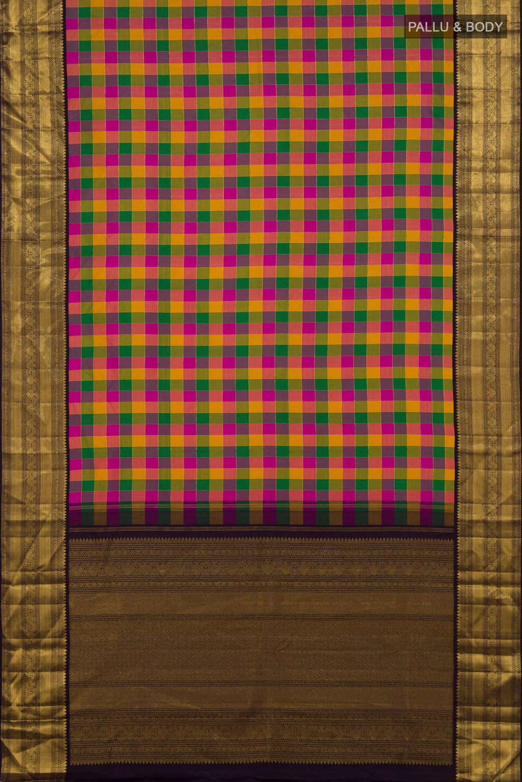 Flat view of Pure Silk Multi Color Kanchipuram Saree with Checked design on the body and Zari Border. 