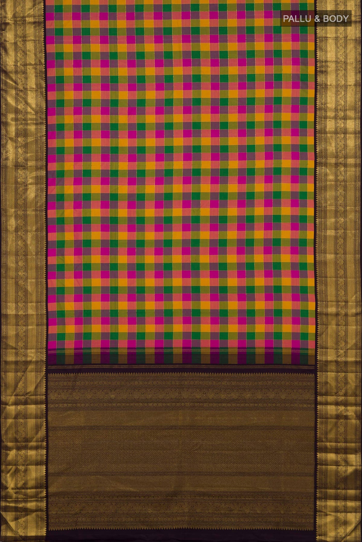 Flat view of Pure Silk Multi Color Kanchipuram Saree with Checked design on the body and Zari Border. 