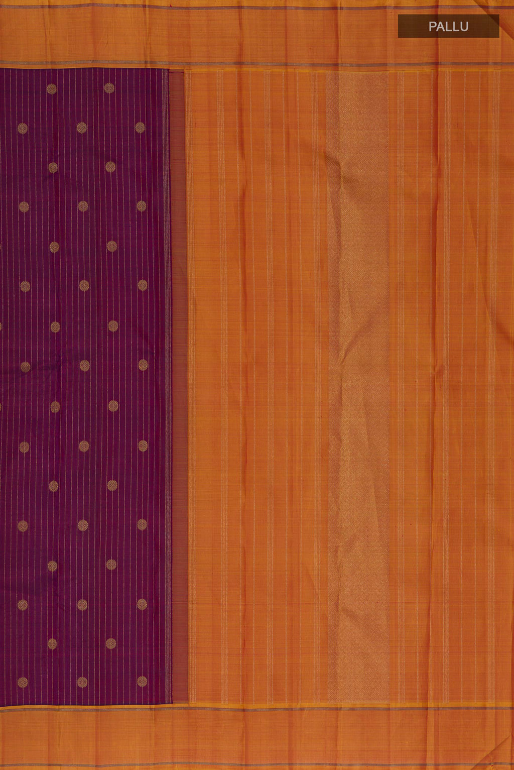 Close up image of the pallu of Pure Silk Pure Zari Purple Kanchipuram Saree with Zari Butta on the body and Thin Zari Line. 