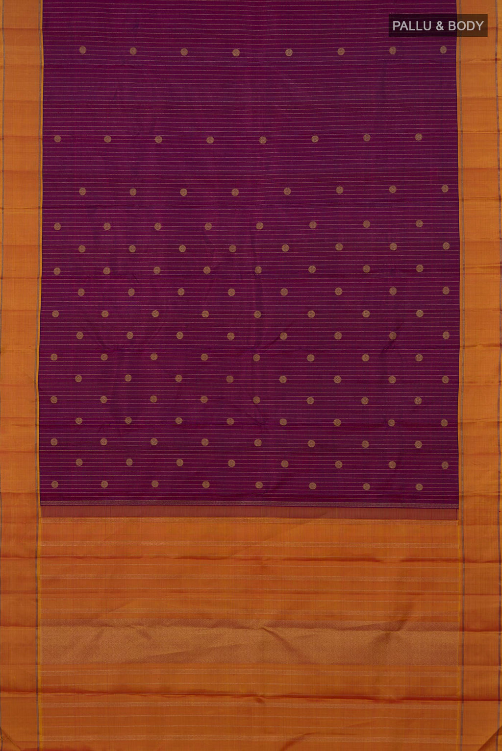 Flat view of Pure Silk Pure Zari Purple Kanchipuram Saree with Zari Butta on the body and Thin Zari Line. 