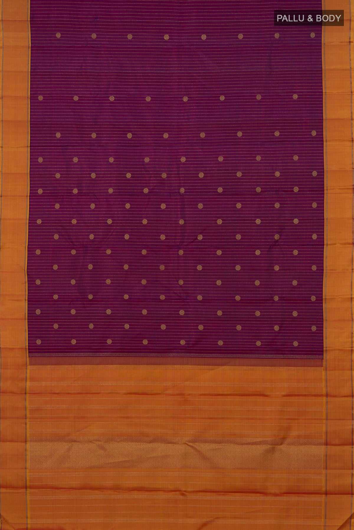 Flat view of Pure Silk Pure Zari Purple Kanchipuram Saree with Zari Butta on the body and Thin Zari Line. 